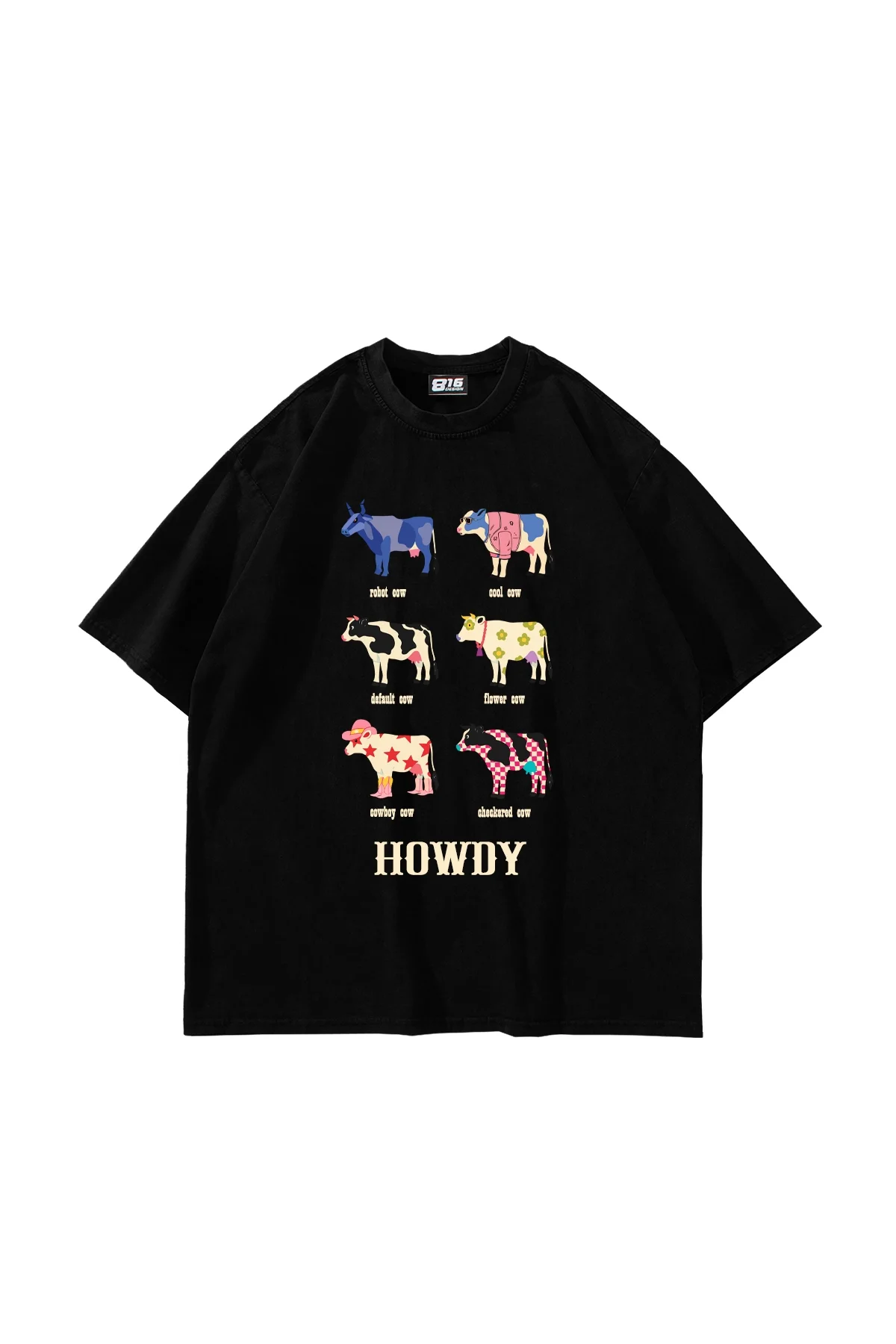 Howdy Cows Baskılı Oversize Unisex Siyah Tshirt