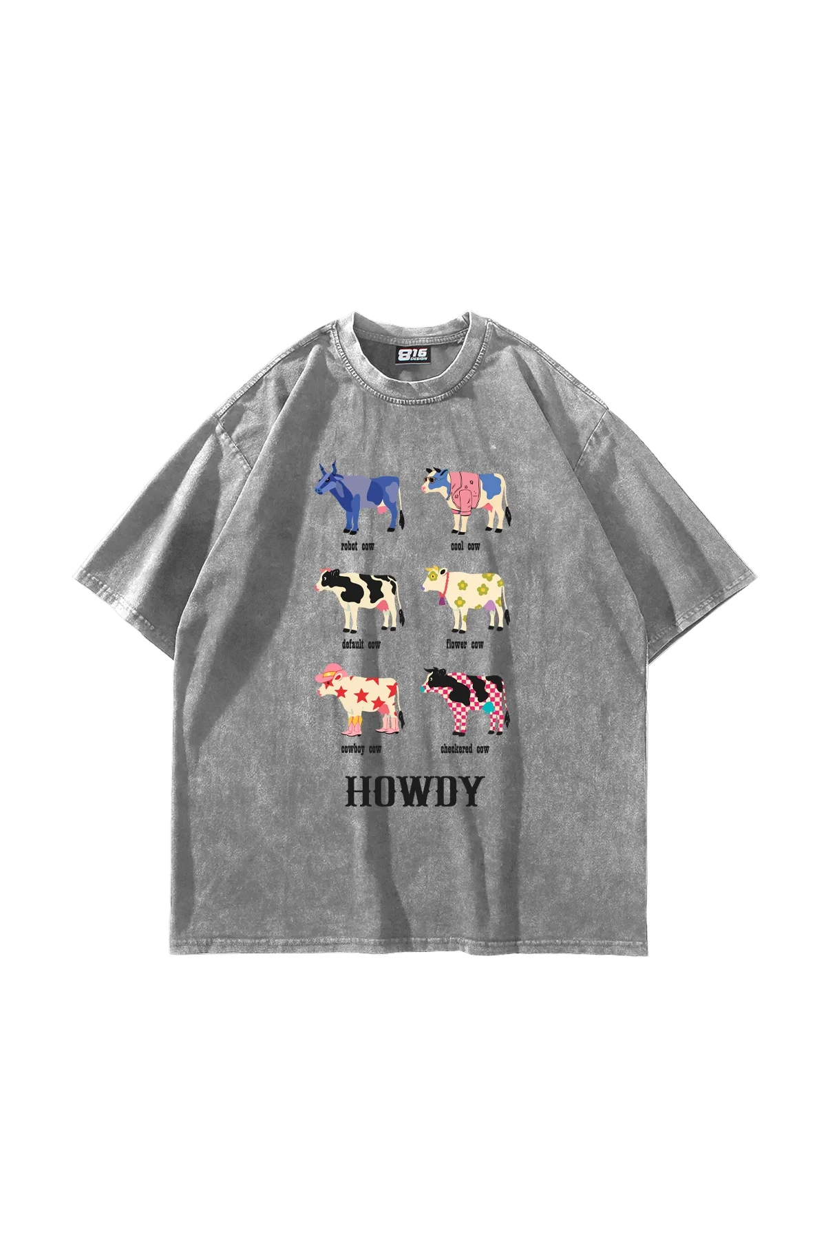 Howdy Cows Baskılı Oversize Unisex Yıkamalı Beyaz Tshirt