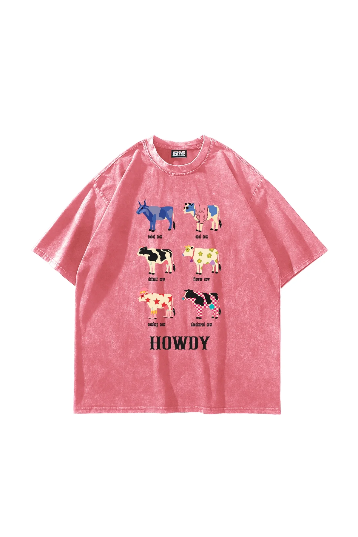 Howdy Cows Baskılı Oversize Unisex Yıkamalı Pembe Tshirt