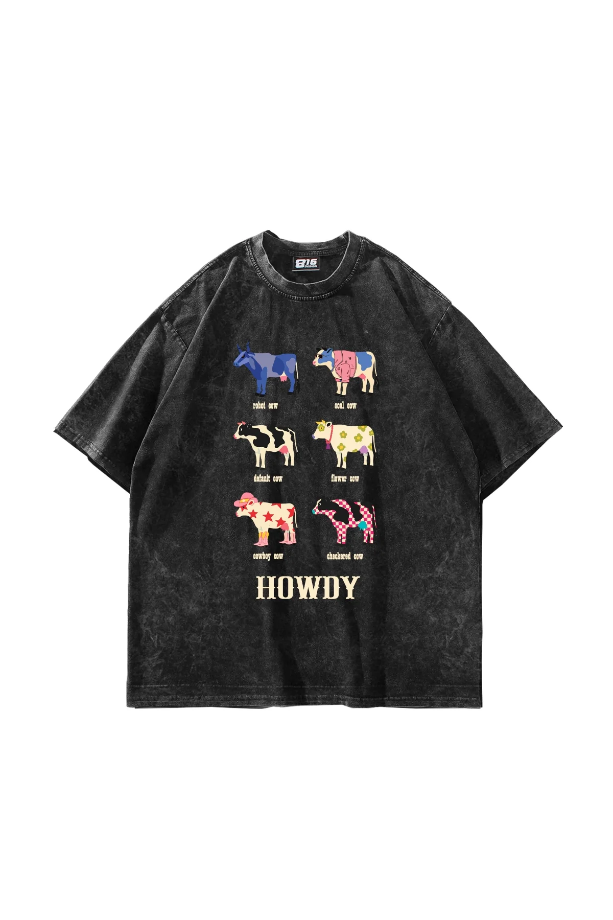 Howdy Cows Baskılı Oversize Unisex Yıkamalı Siyah Tshirt