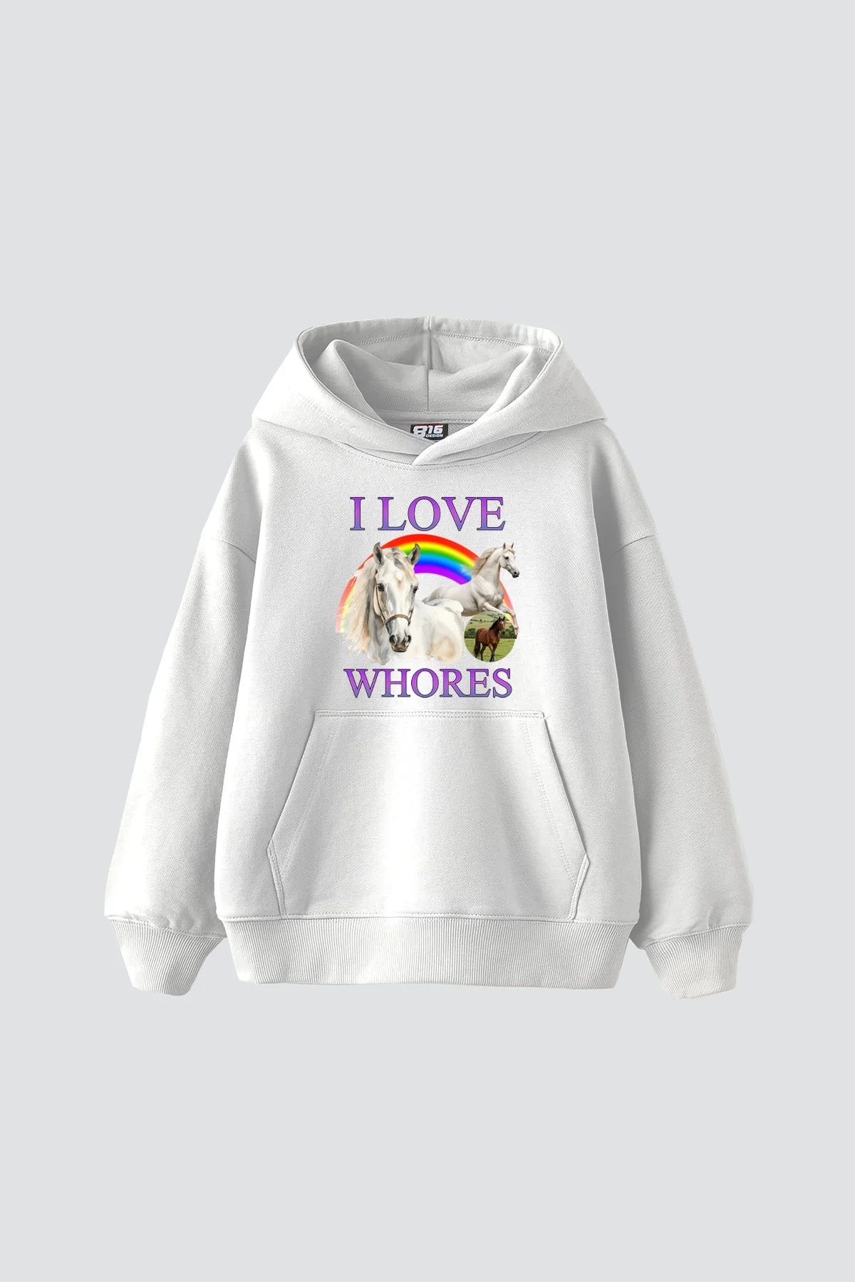 I Love Whores Baskılı Oversize Unisex Beyaz Hoodie