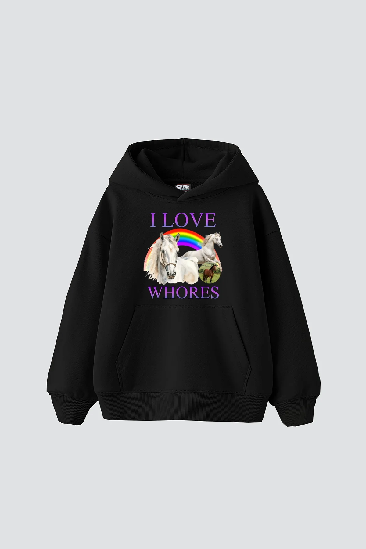 I Love Whores Baskılı Oversize Unisex Siyah Hoodie