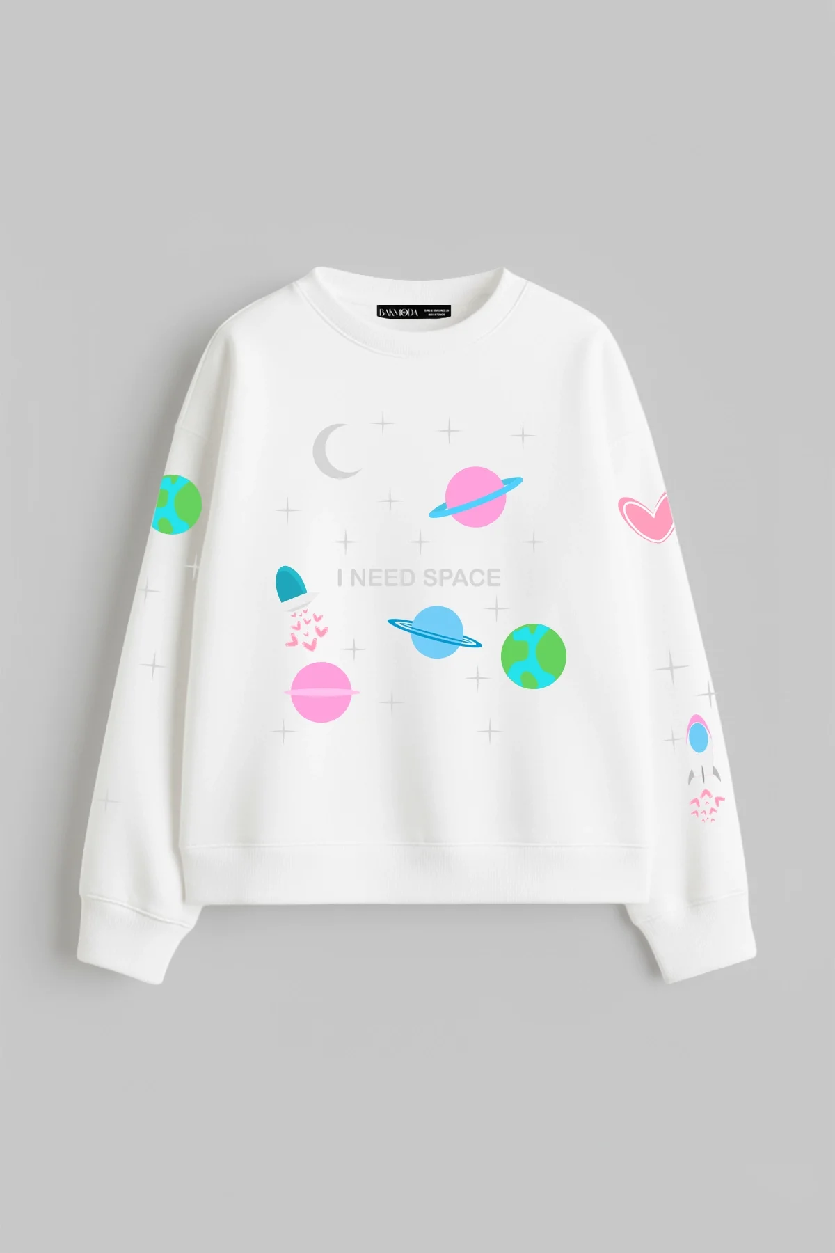 I Need Space Baskılı Kapüşonsuz Relaxed Fit Kadın Beyaz Sweatshirt