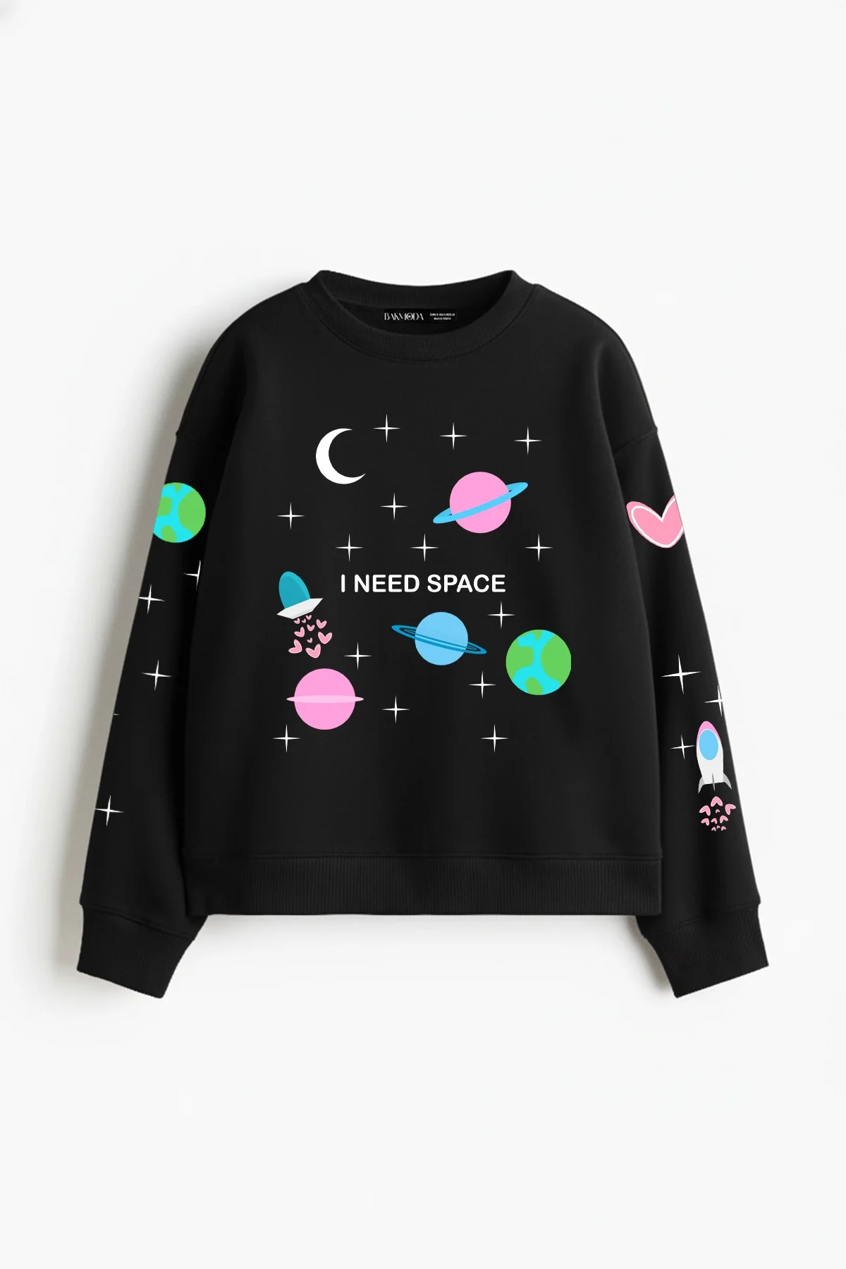 I Need Space Baskılı Kapüşonsuz Relaxed Fit Kadın Siyah Sweatshirt
