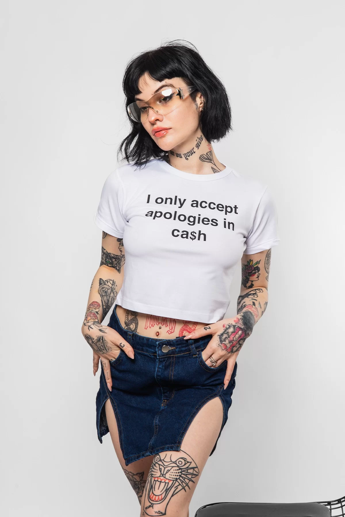 I Only Yazı Baskılı Beyaz Crop Top