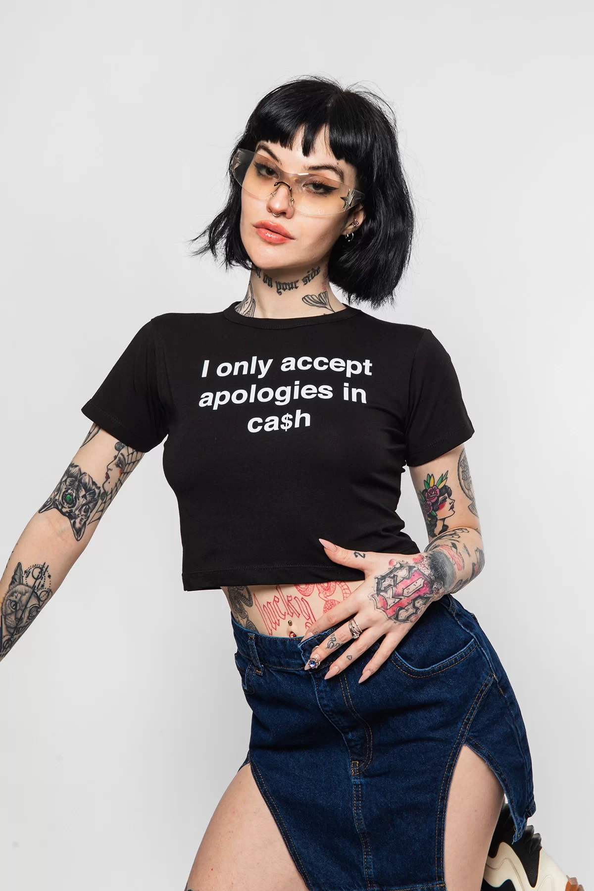 I Only Yazı Baskılı Siyah Crop Top