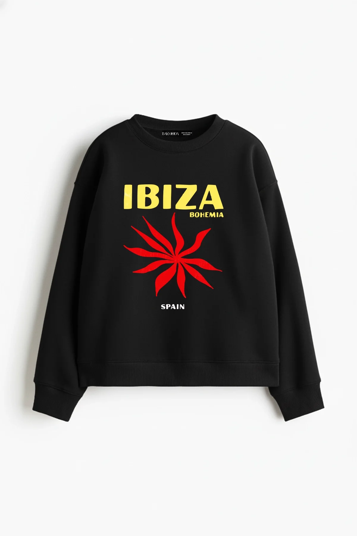 Ibıza Bohemıa Baskılı Kapüşonsuz Relaxed Fit Kadın Siyah Sweatshirt