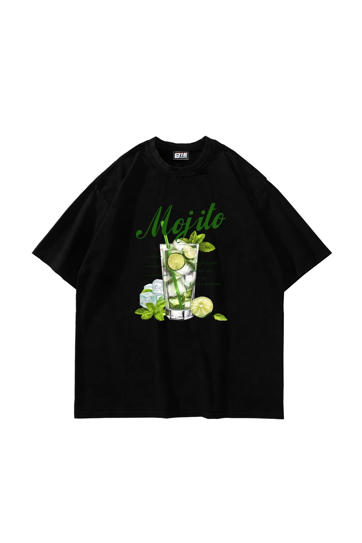 Iced Mojito Baskılı Oversize Unisex Siyah Tshirt