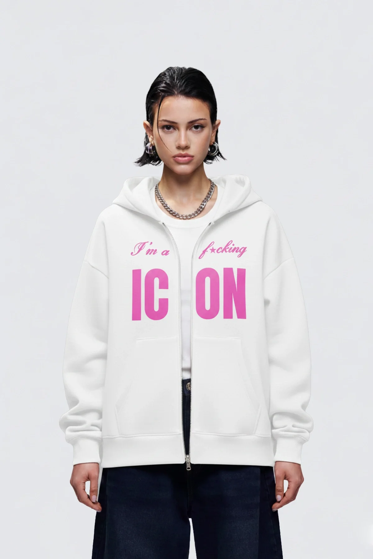 ICON Baskılı Fermuarlı Zip Kapüşonlu Unisex Beyaz Sweatshirt