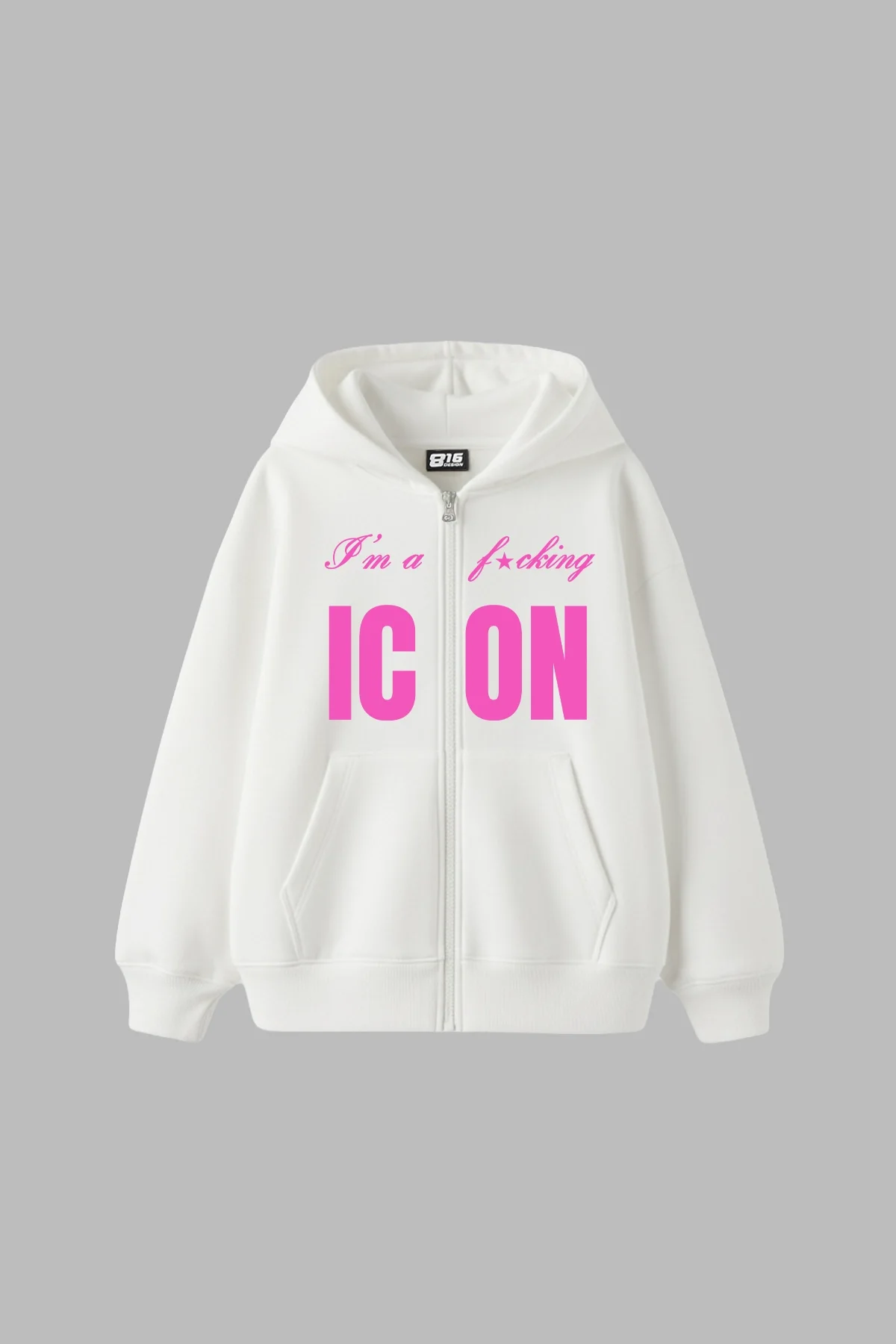 ICON Baskılı Fermuarlı Zip Kapüşonlu Unisex Beyaz Sweatshirt