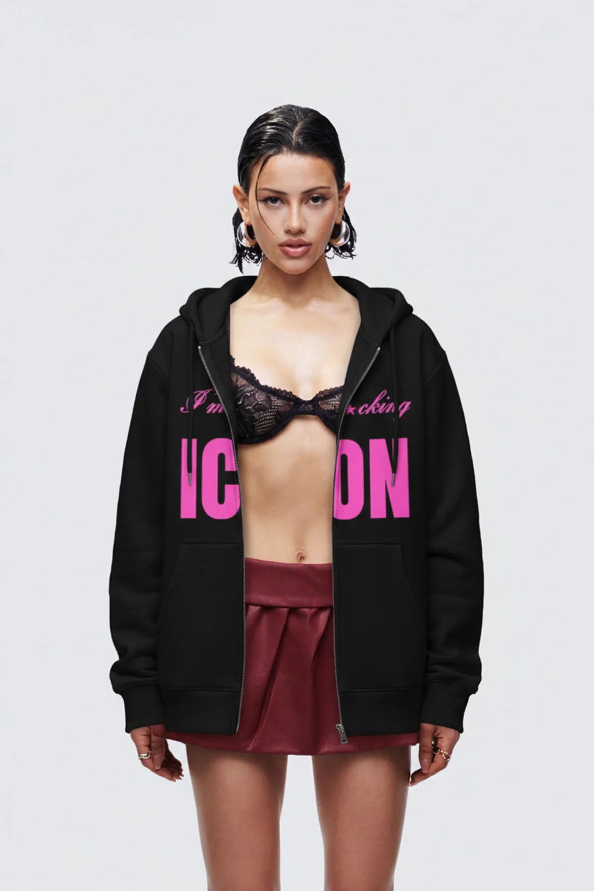 ICON Baskılı Fermuarlı Zip Kapüşonlu Unisex Siyah Sweatshirt