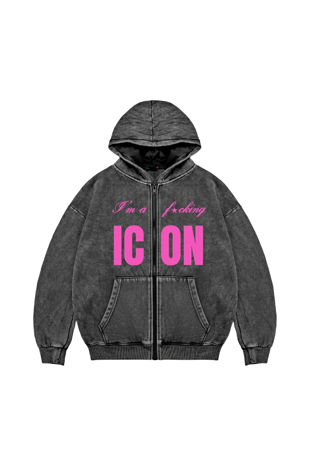 ICON Baskılı Fermuarlı Zip Kapüşonlu Unisex Yıkamalı Siyah Sweatshirt
