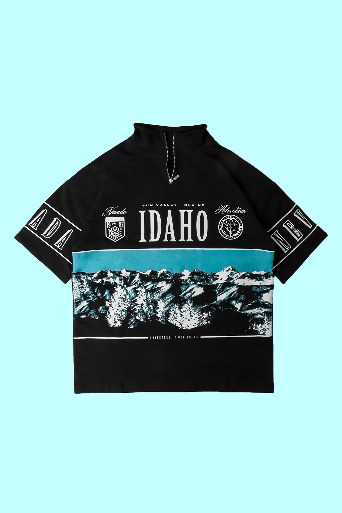 Idaho Baskılı Yarım Fermuarlı Siyah Oversize Unisex Tshirt