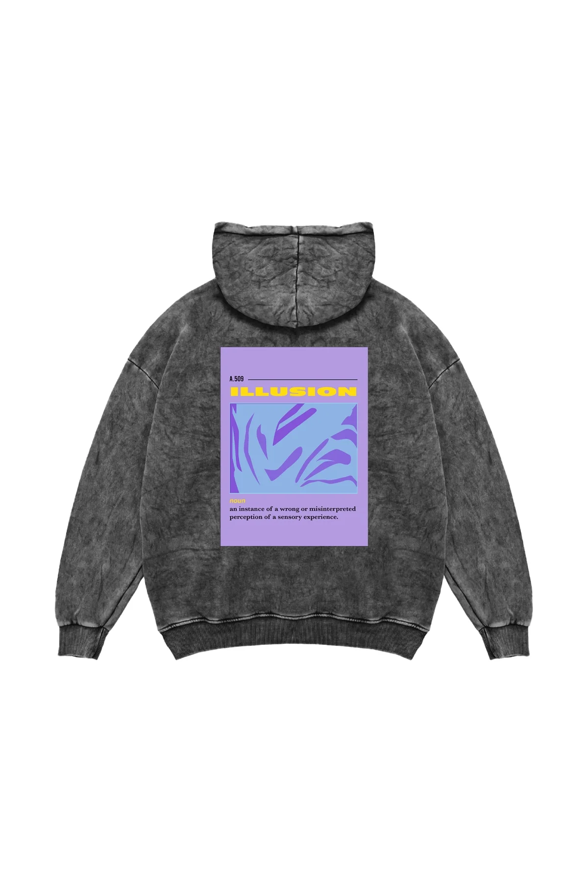 Illusion Baskılı Oversize Unisex Yıkamalı Siyah Hoodie