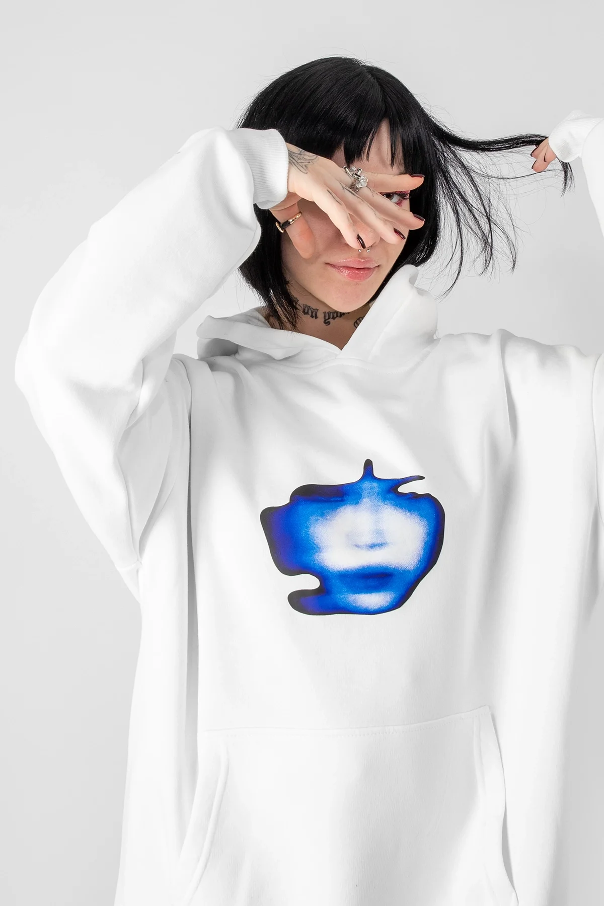 Illusion Face Baskılı Oversize Unisex Beyaz Hoodie