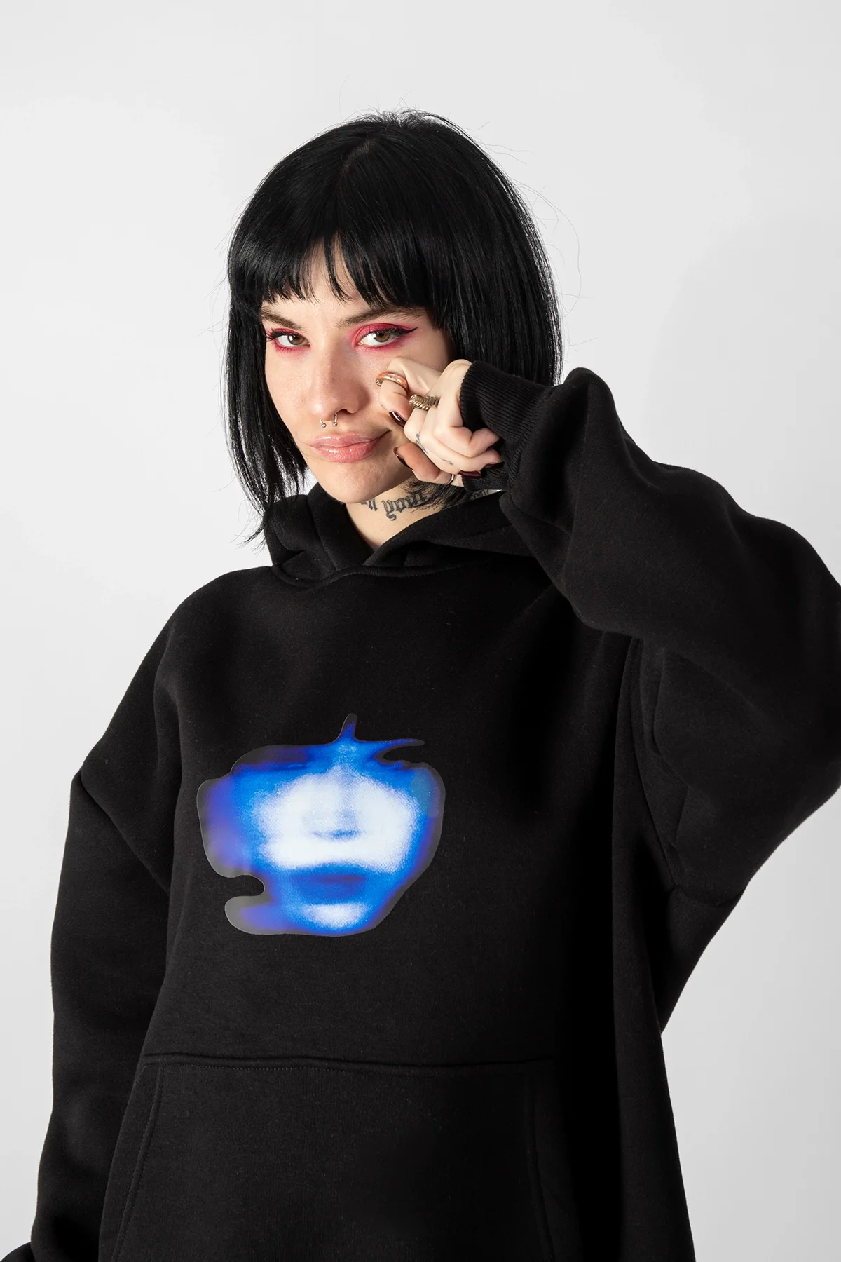 Illusion Face Baskılı Oversize Unisex Siyah Hoodie