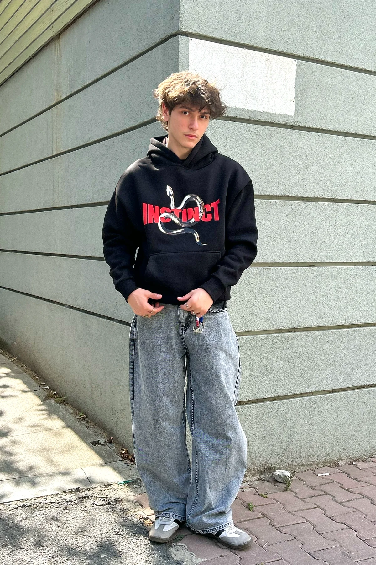 Instinct Baskılı Oversize Unisex Siyah Hoodie