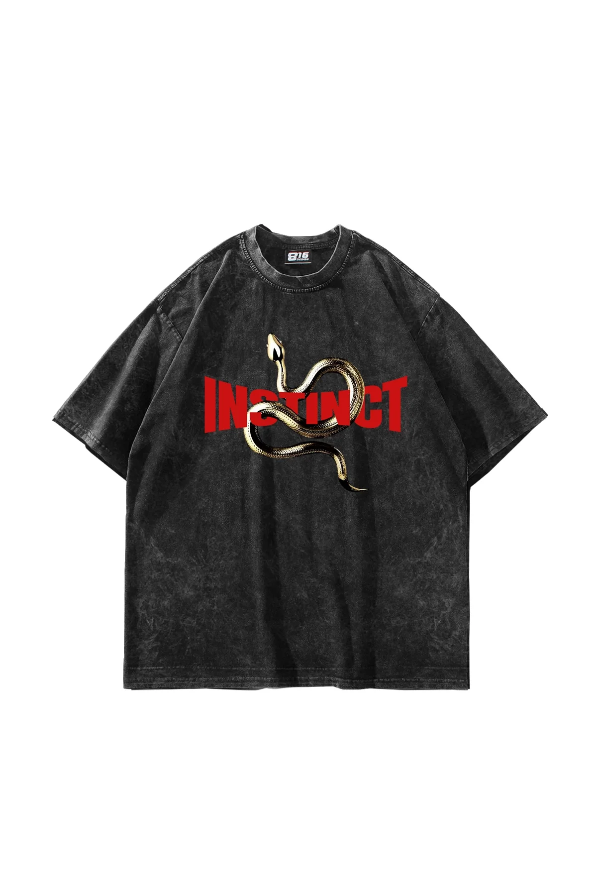 Instinct Baskılı Oversize Unisex Yıkamalı Siyah Tshirt