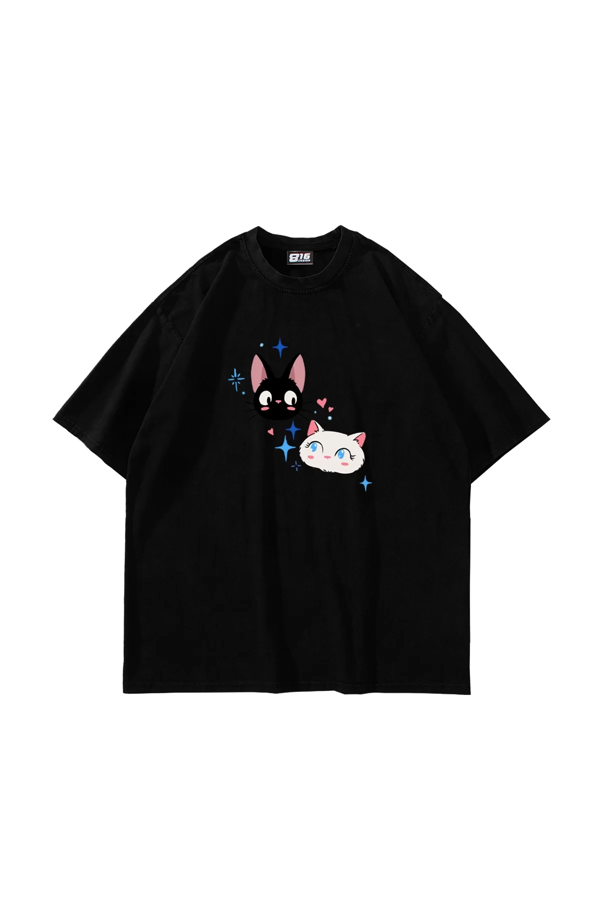 Jiji And Lily Baskılı Oversize Unisex Siyah Tshirt