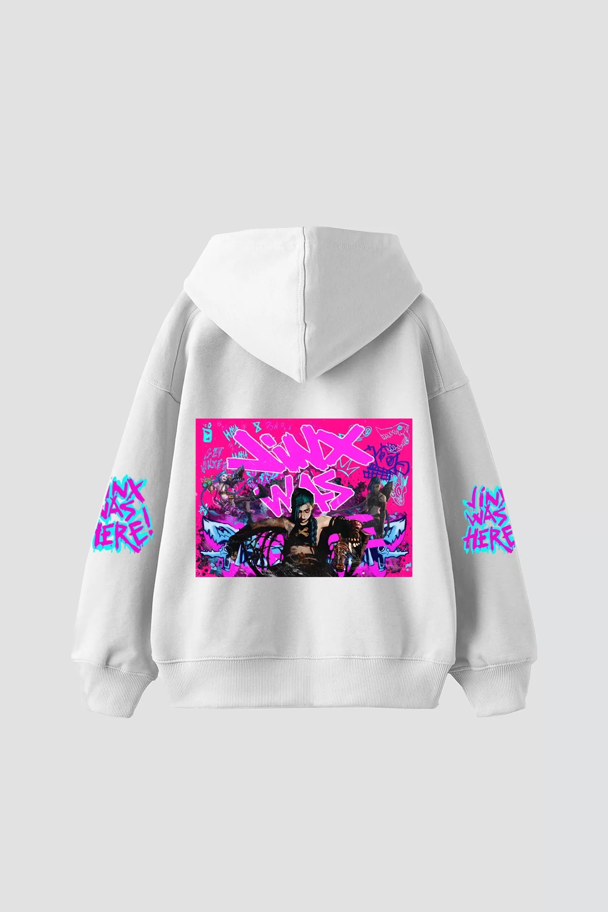 Jinx Arcane Baskılı Oversize Unisex Beyaz Hoodie