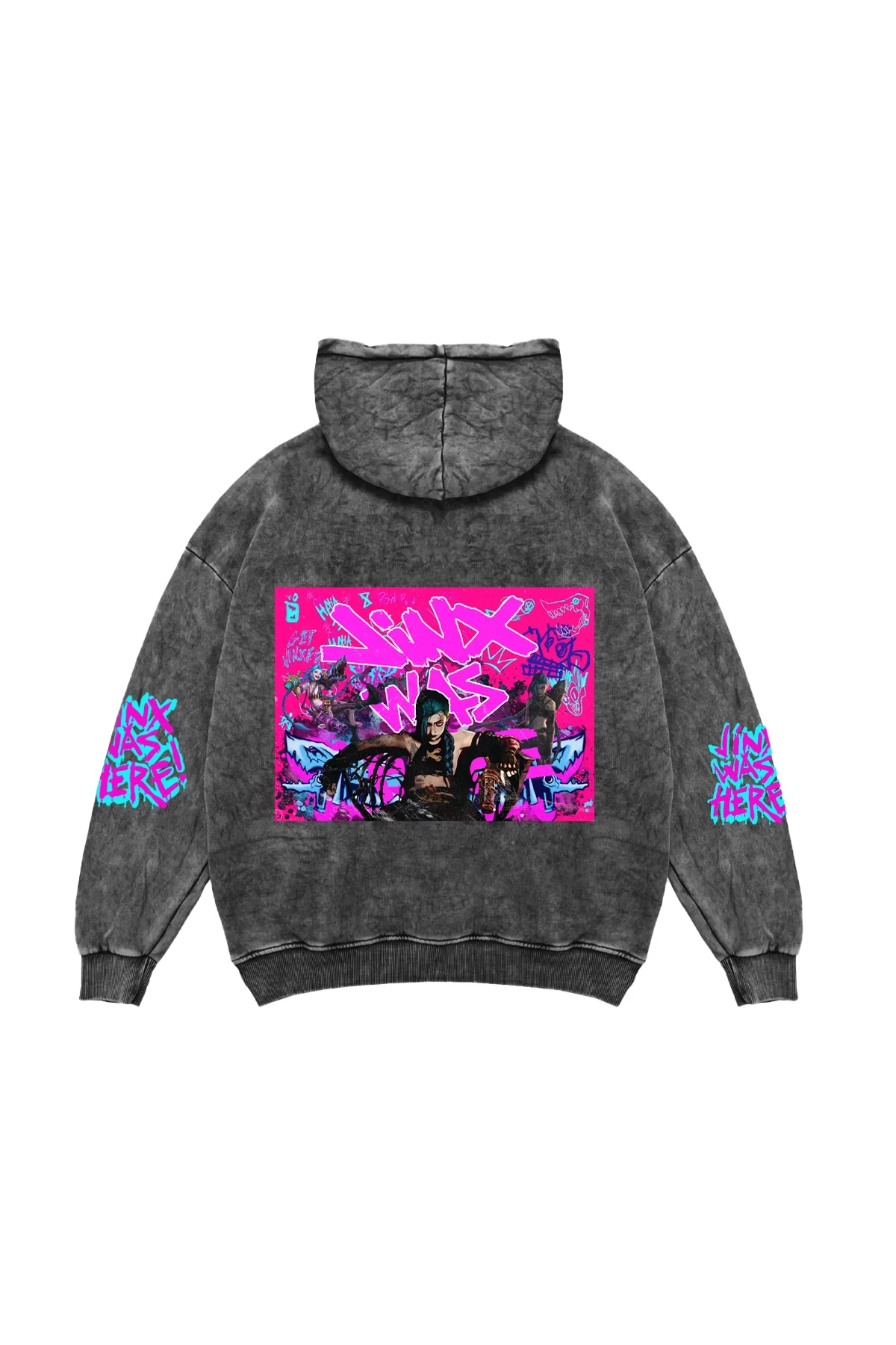 Jinx Arcane Baskılı Oversize Unisex Yıkamalı Siyah Hoodie