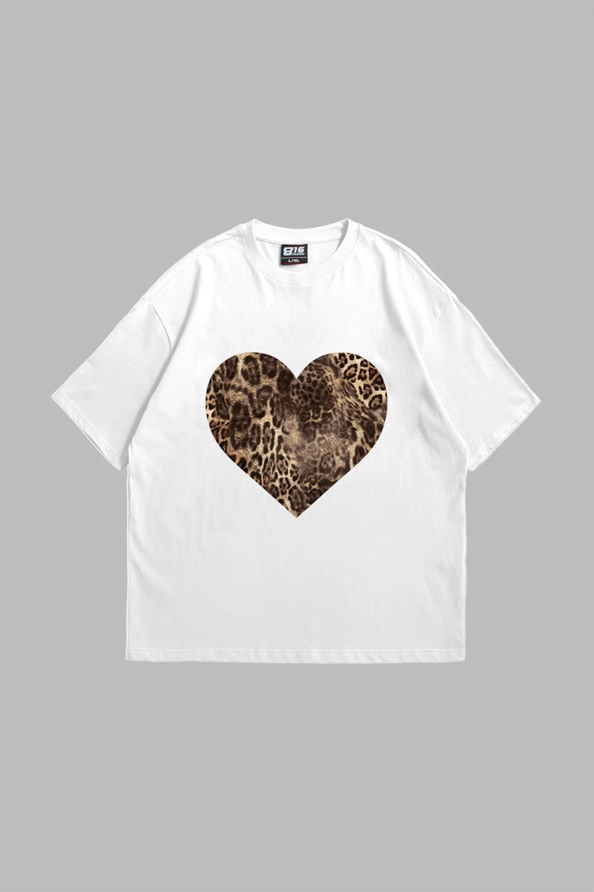 Kalp Leopar Baskılı 24/1 Oversize Unisex Beyaz Tshirt