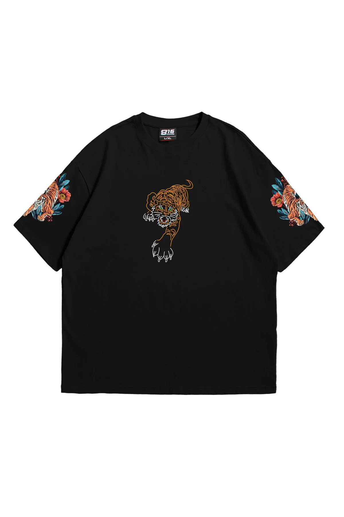 Kaplan Göğüs Baskılı Kol Detaylı Premium Unisex Siyah Tshirt