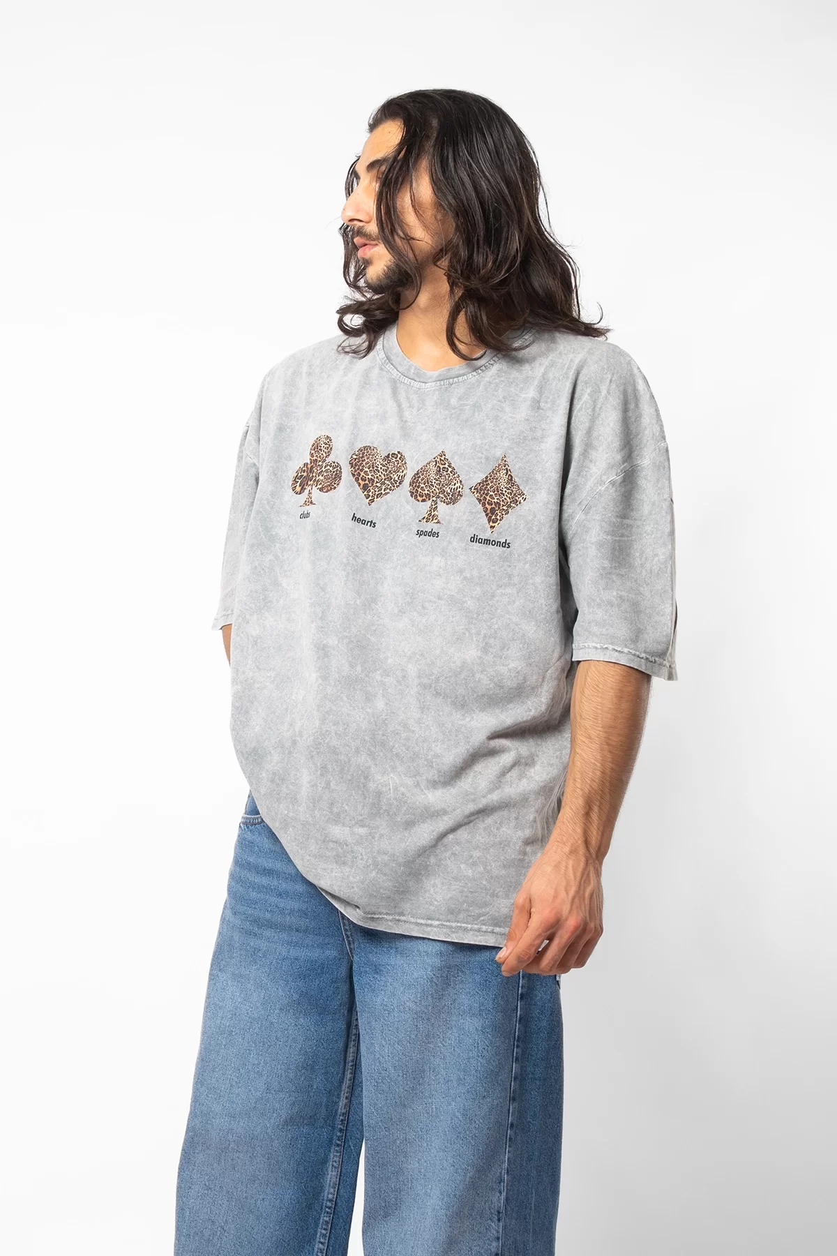 Karma Leopar Baskılı Oversize Unisex Premium Yıkamalı Beyaz Tshirt