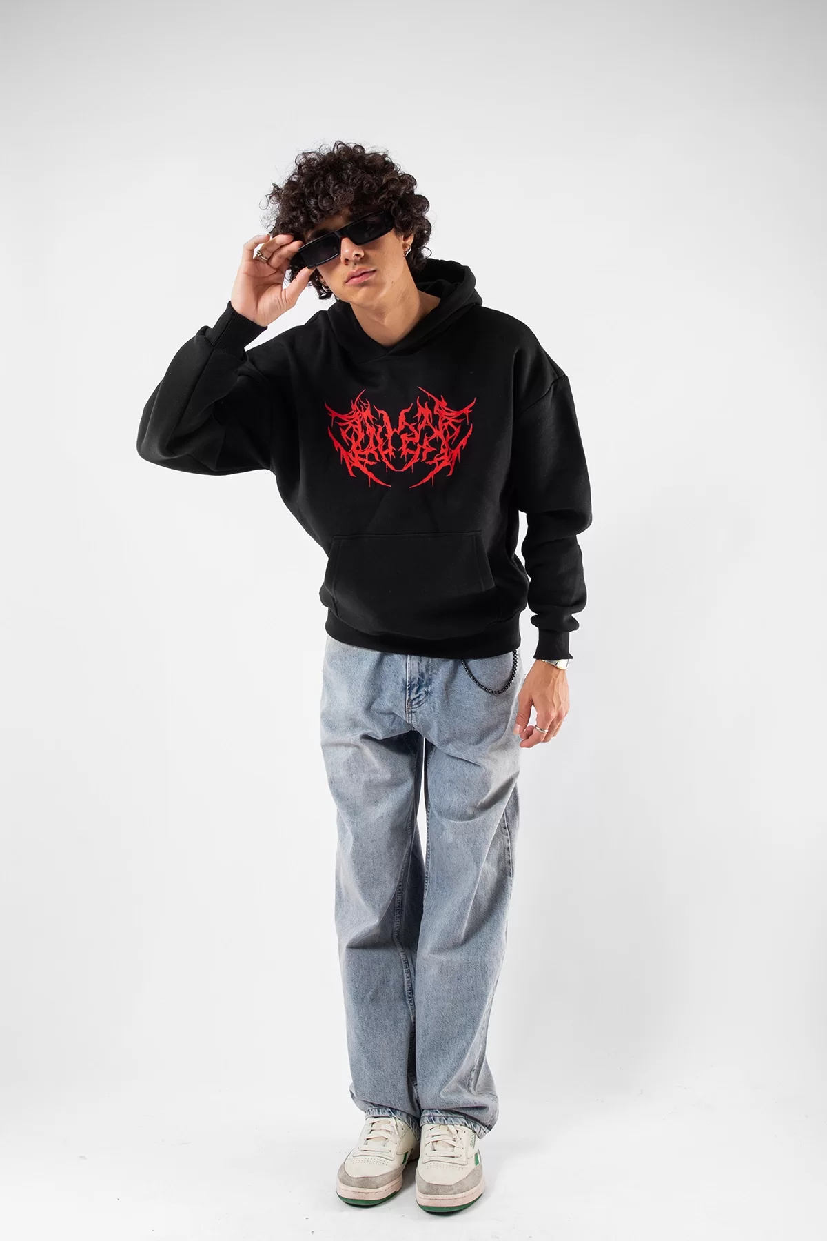 Kırmızı Dusk Baskılı Oversize Unisex Siyah Hoodie