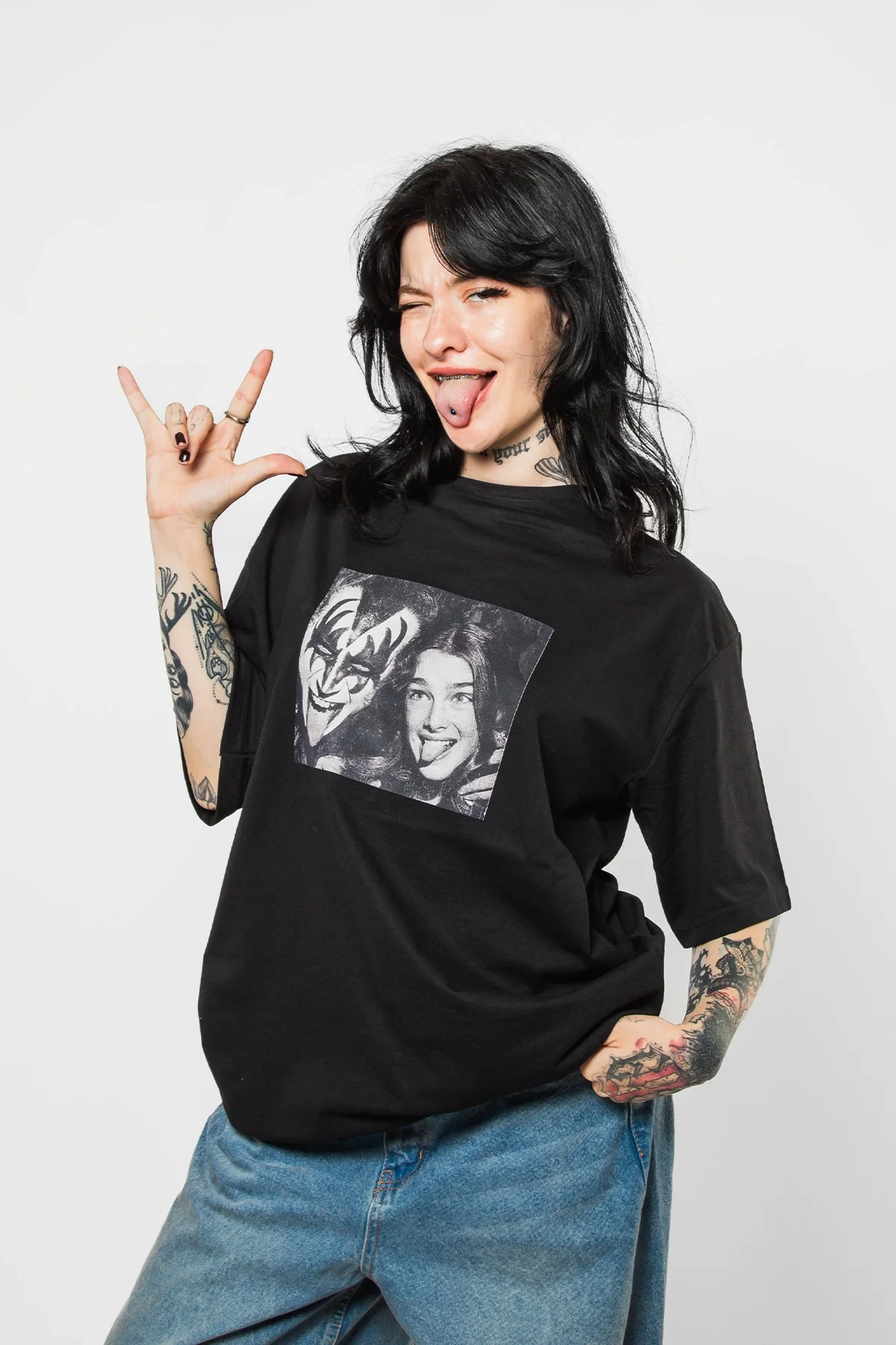 Kiss Baskılı Rahat Kalıp 30/1 Unisex Siyah Tshirt