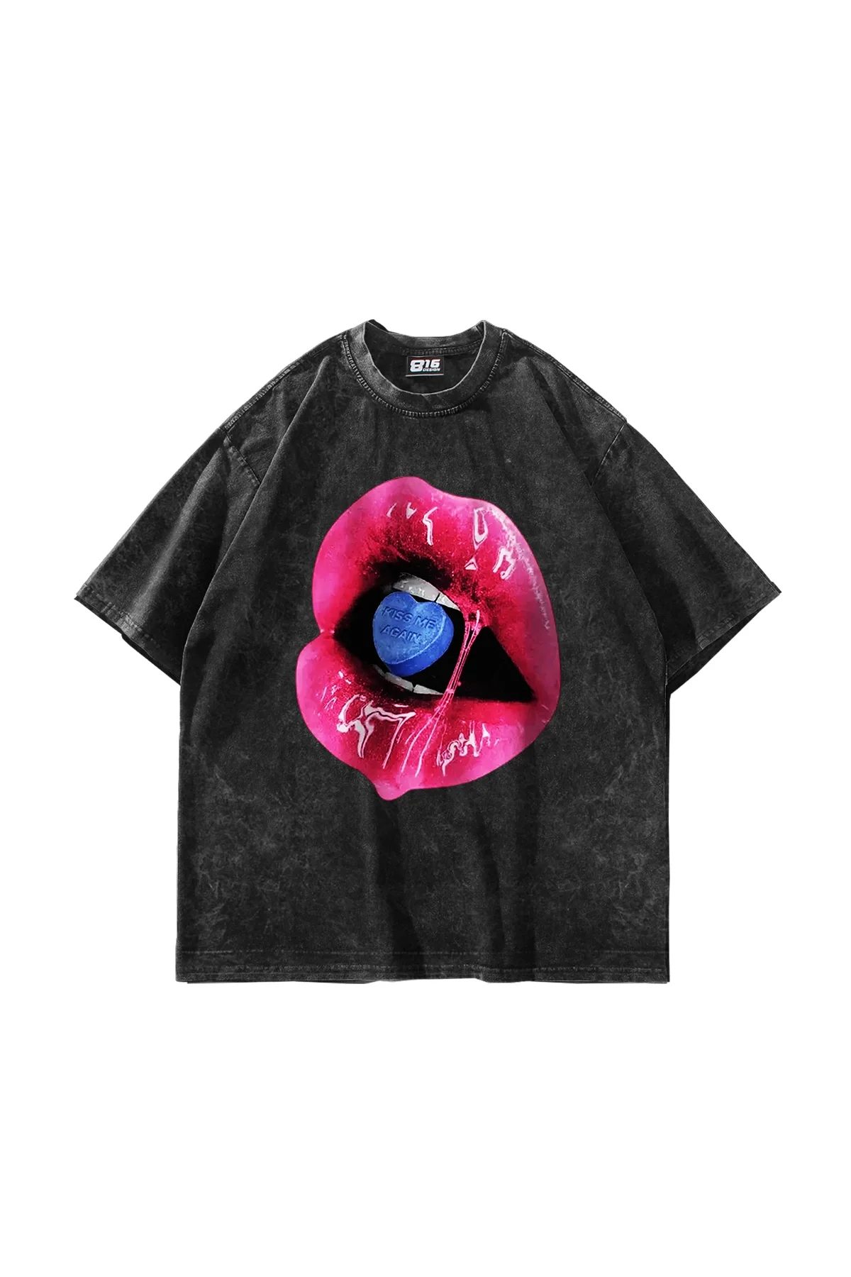 Kiss Me Again Baskılı Oversize Unisex Yıkamalı Siyah Tshirt