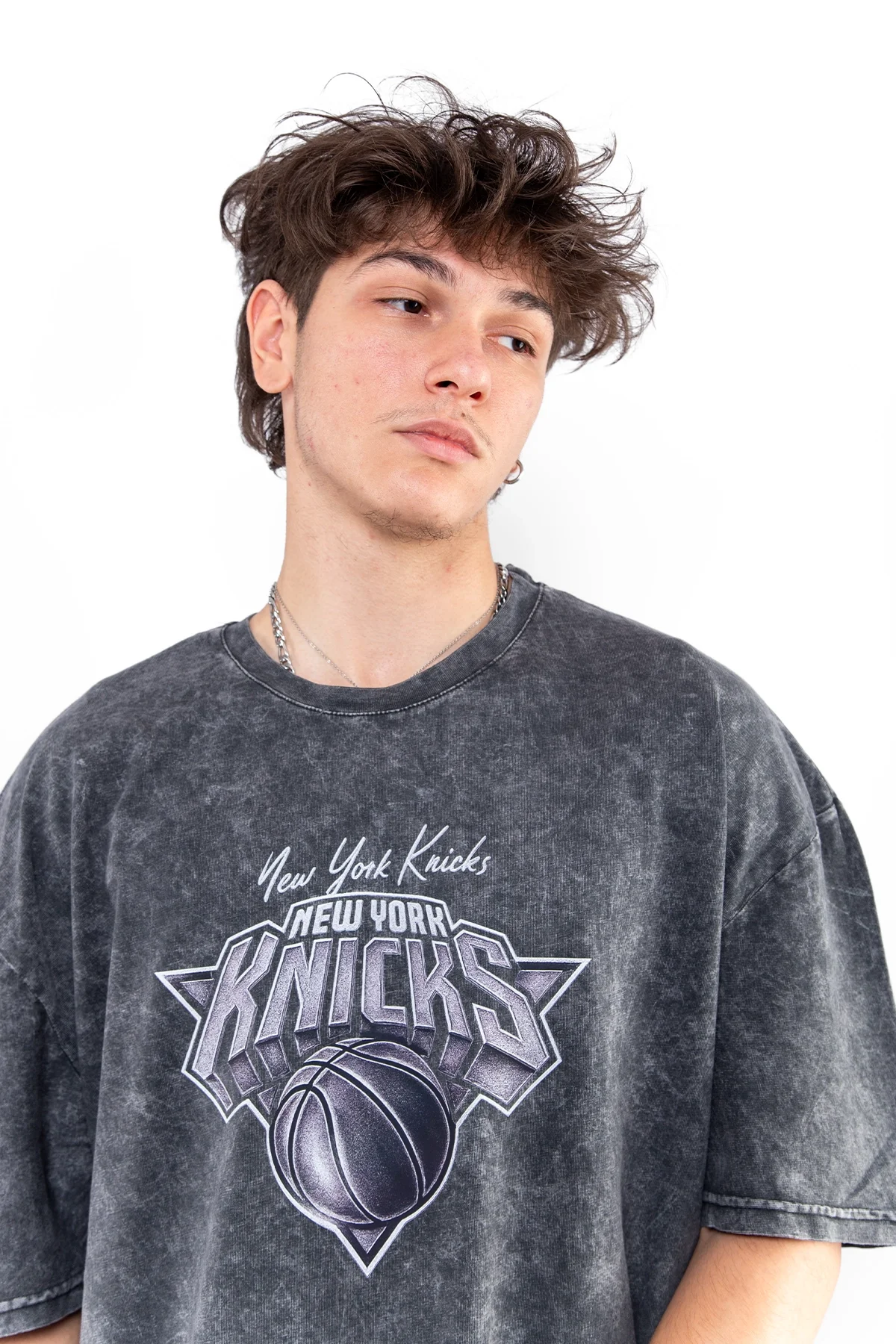 Knicks Baskılı Oversize Unisex Yıkamalı Siyah Tshirt