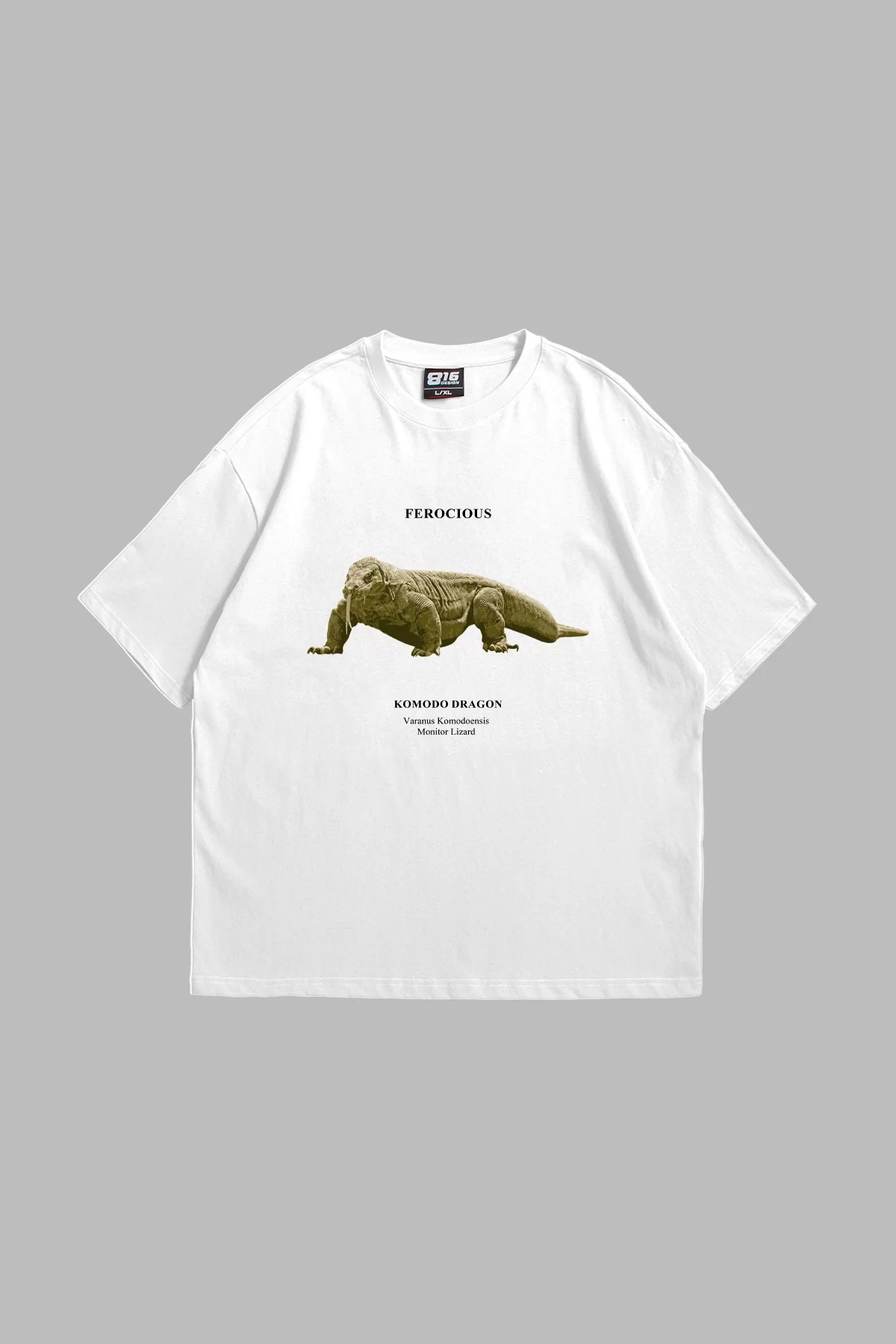 Komodo Dragon Baskılı Oversize Unisex Beyaz Premium Tshirt