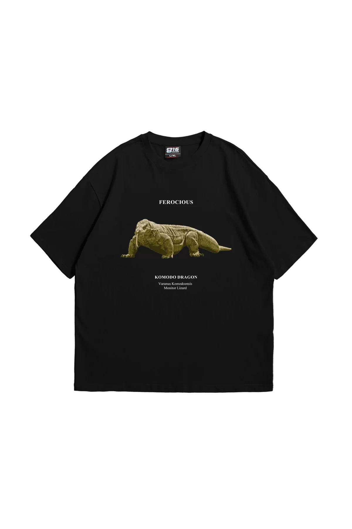 Komodo Dragon Baskılı Oversize Unisex Premium Siyah Tshirt