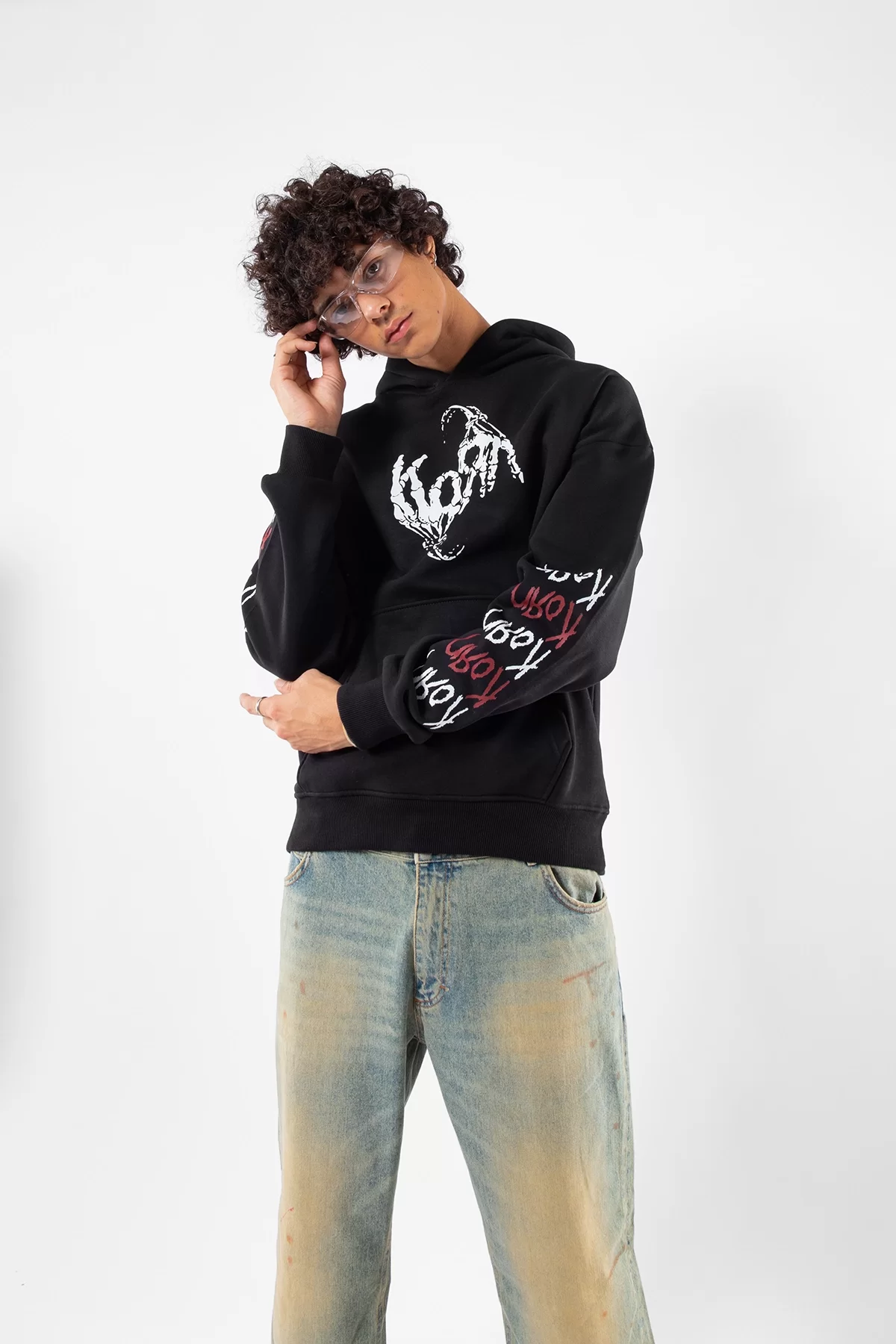 Korn Baskılı Oversize Unisex Siyah Hoodie