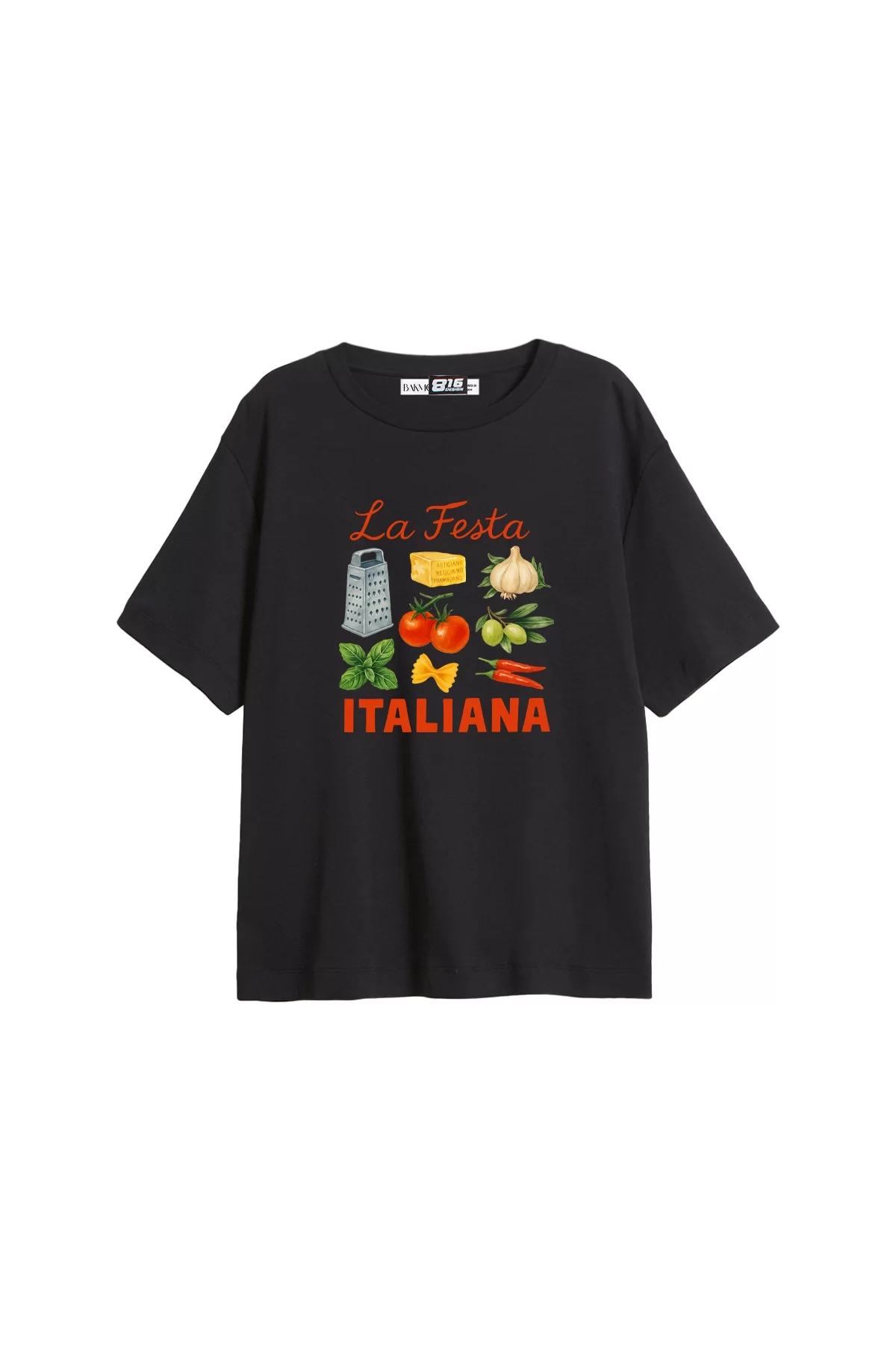 La Festa İtaliana Baskılı Relaxed Fit Siyah Kadın Tshirt