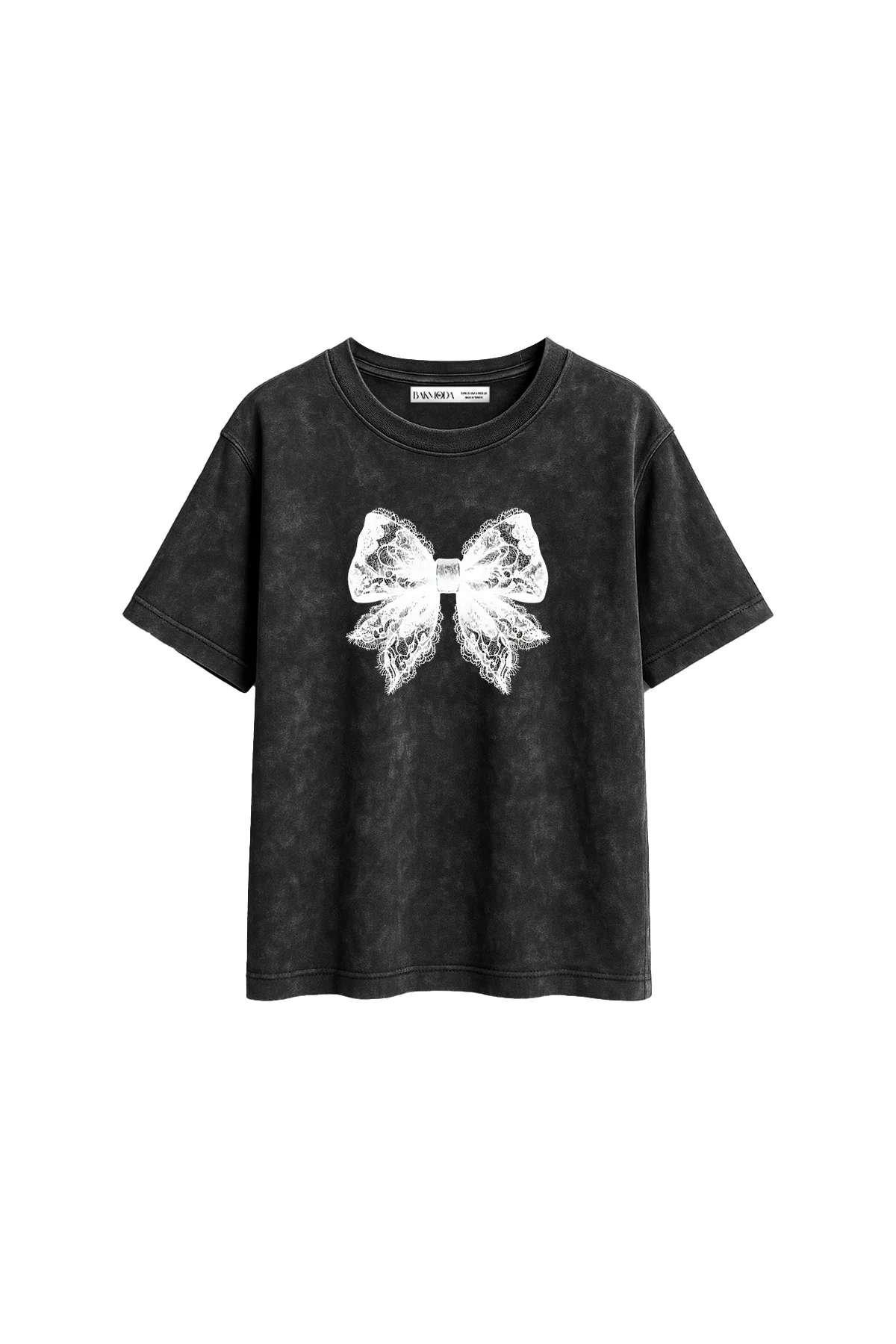 Lace Cute Ribbon Baskılı Relaxed Fit Yıkamalı Siyah Kadın Tshirt