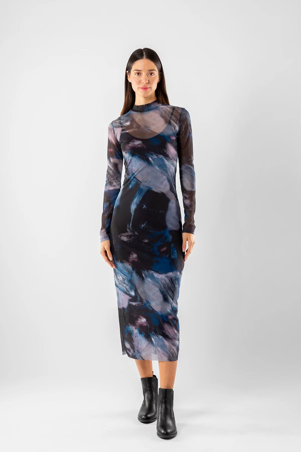 Lacivert Batik Desenli Uzun Tül Elbise