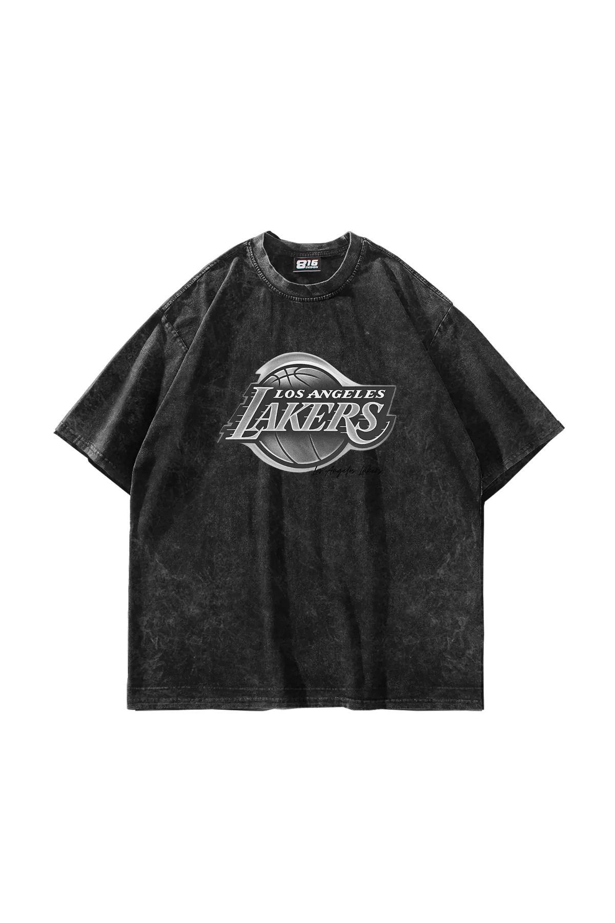 Lakers Baskılı Oversize Unisex Yıkamalı Siyah Tshirt