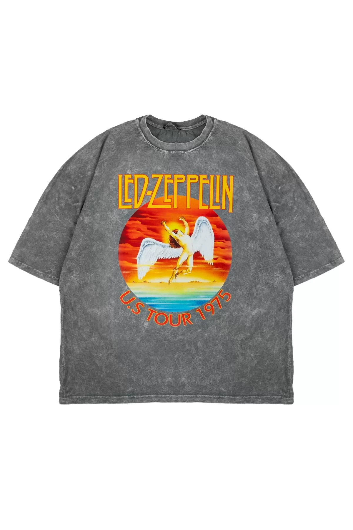 Led Zeppelin Baskılı Yıkamalı Beyaz Oversize Tshirt