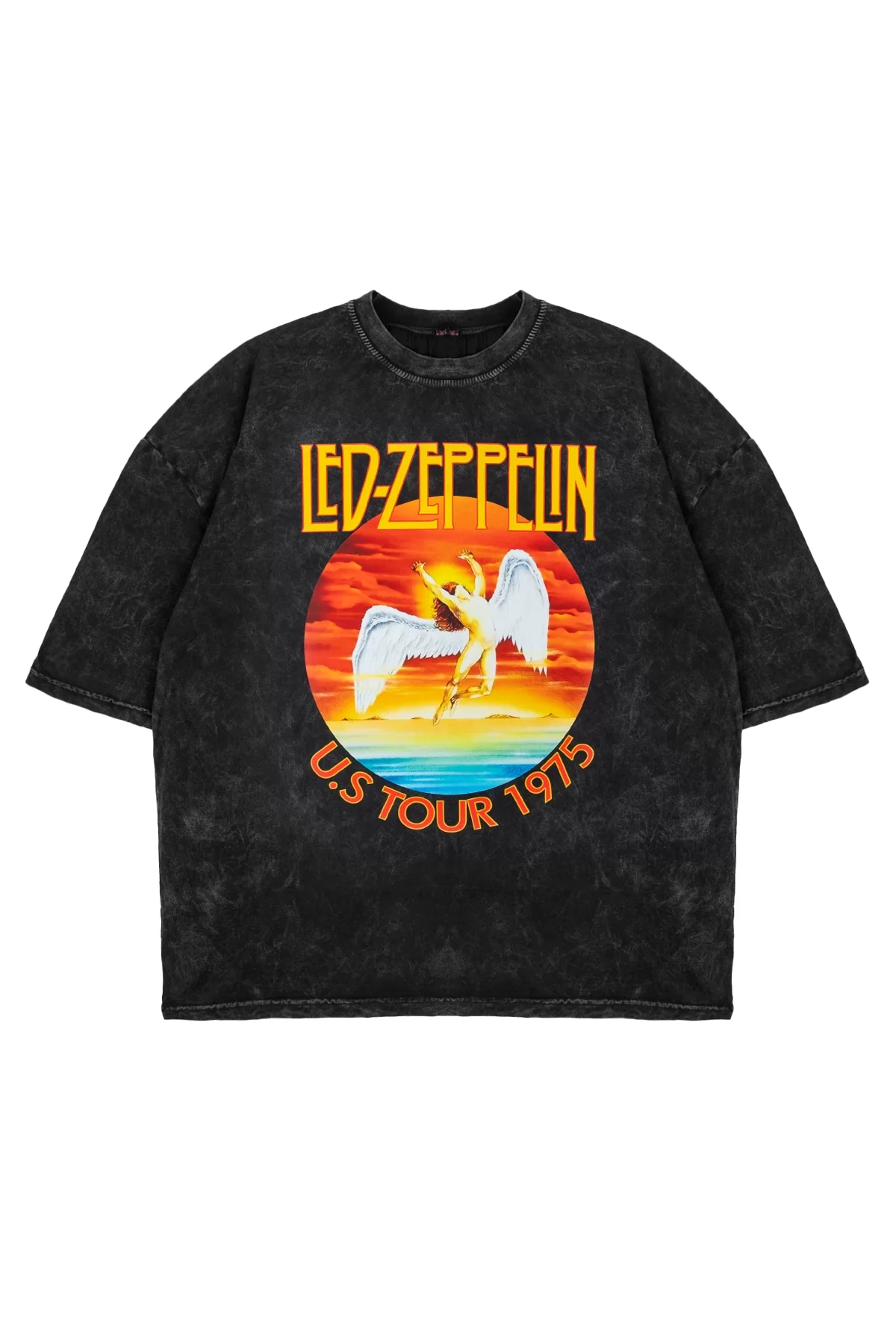 Led Zeppelin Baskılı Yıkamalı Siyah Oversize Tshirt