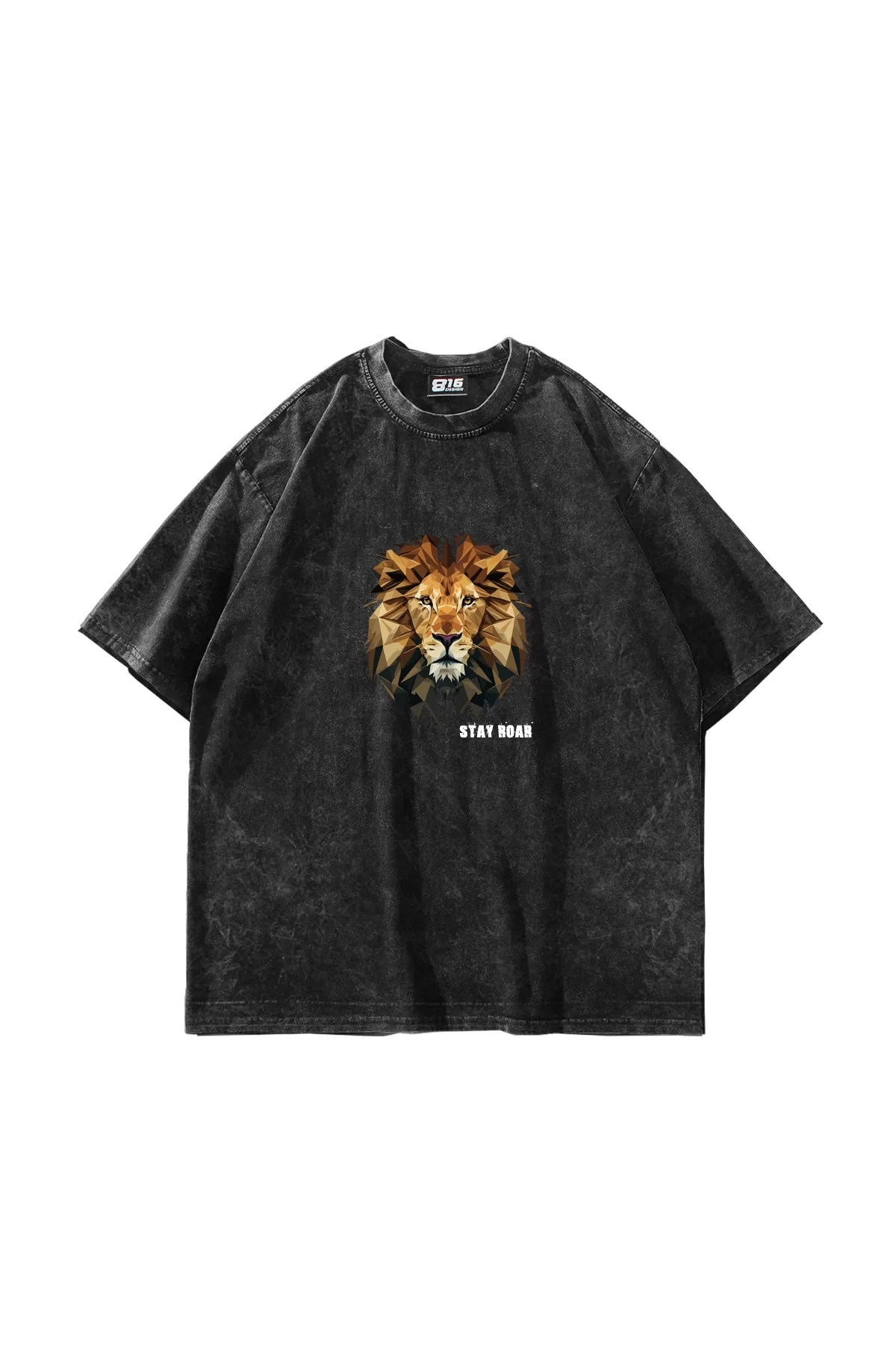 Leon Stay Roar Baskılı Oversize Unisex Yıkamalı Siyah Tshirt