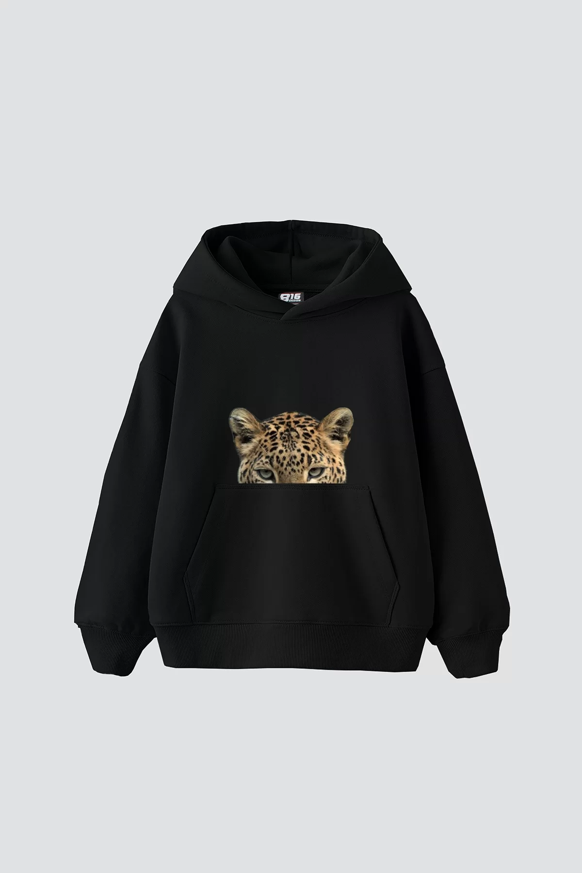 Leopar Eyes Baskılı Oversize Unisex Premium Siyah Hoodie