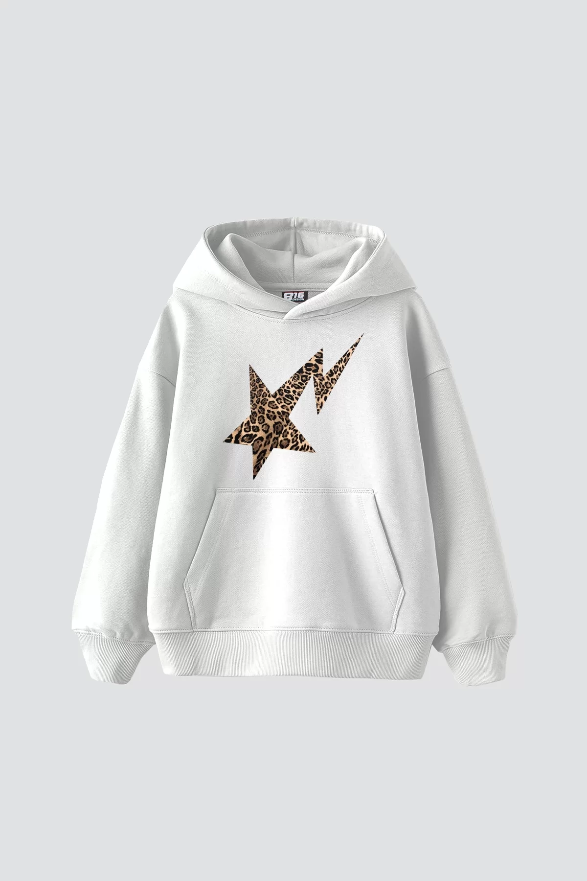 Leopar Falling Star Baskılı Oversize Unisex Premium Beyaz Hoodie