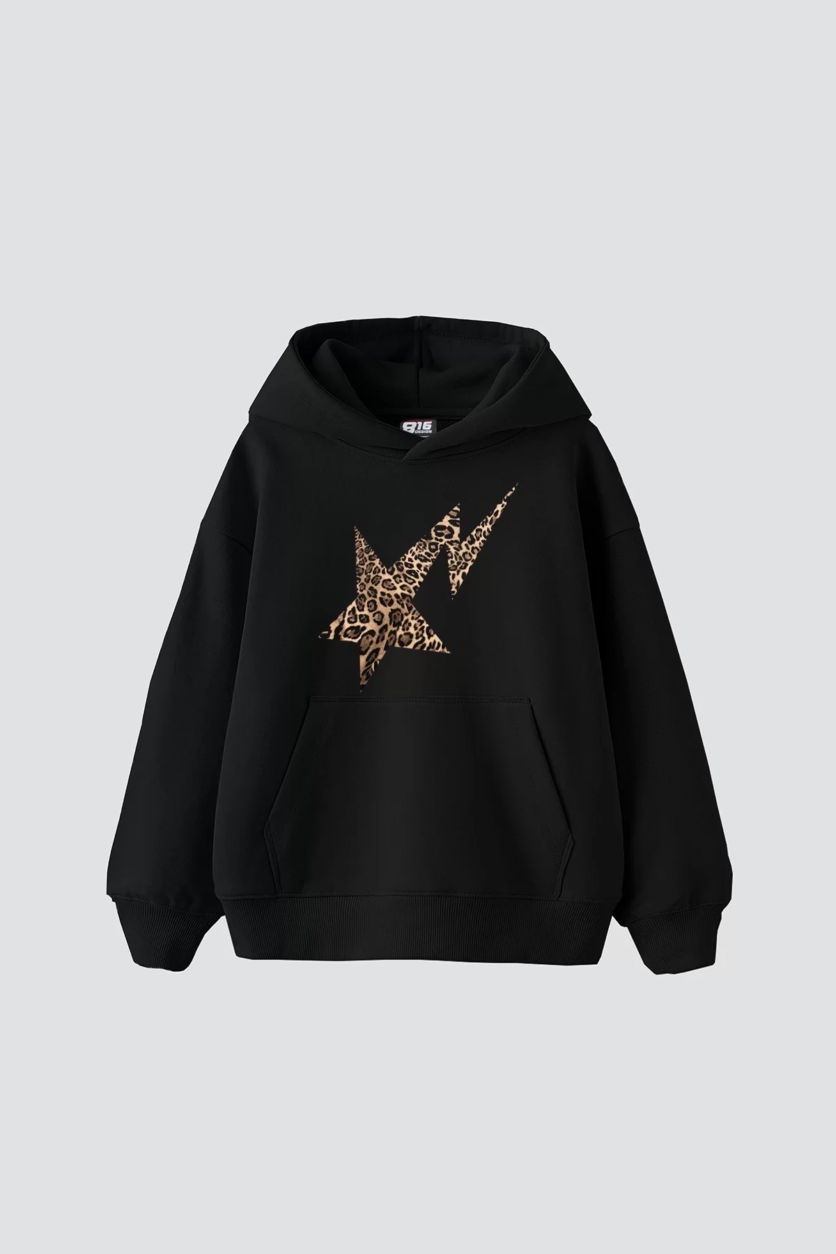 Leopar Falling Star Baskılı Oversize Unisex Premium Siyah Hoodie