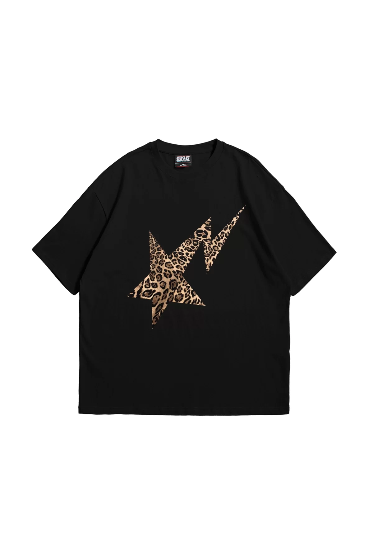 Leopar Falling Star Baskılı Oversize Unisex Premium Siyah Tshirt