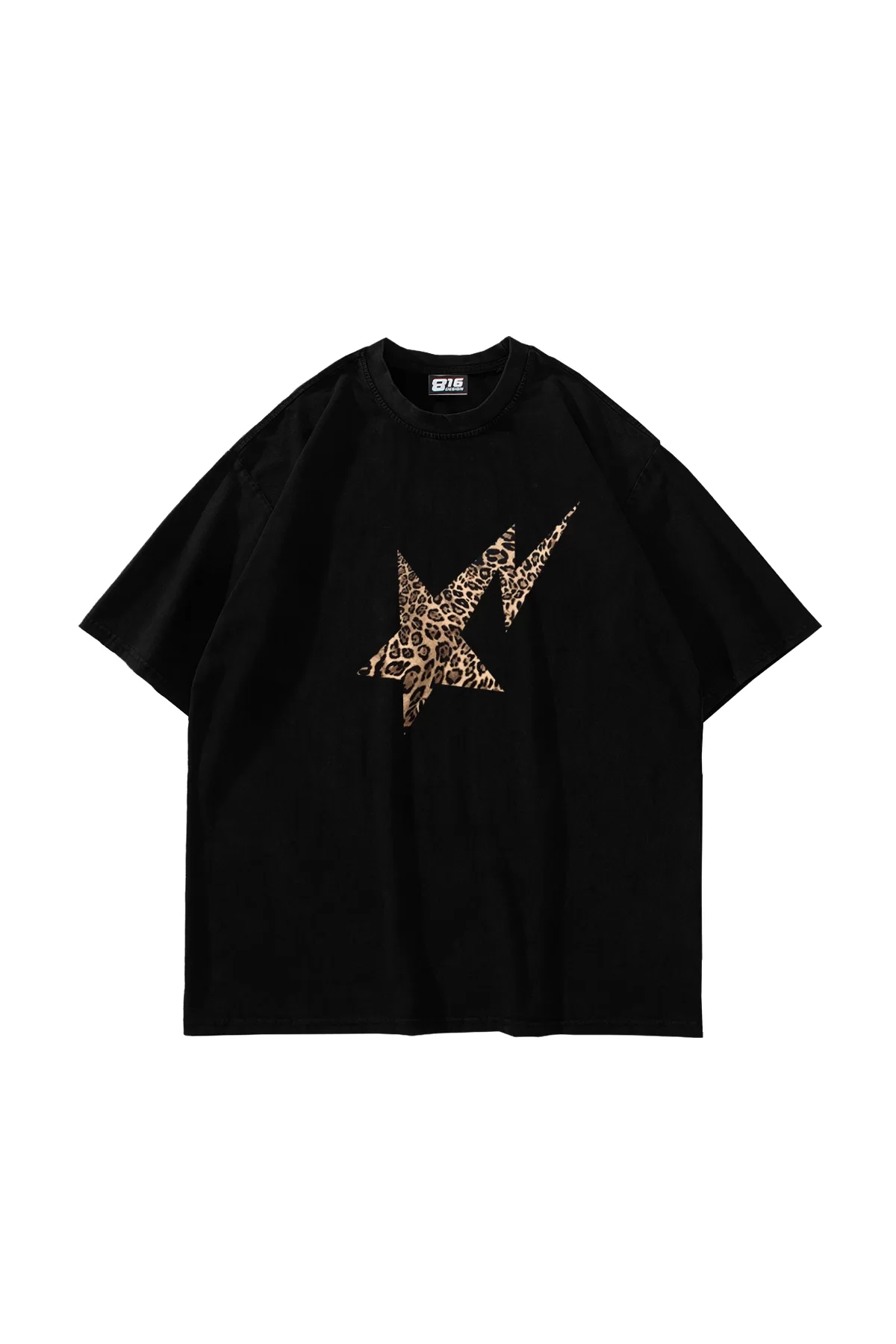 Leopar Falling Star Baskılı Oversize Unisex Premium Siyah Tshirt