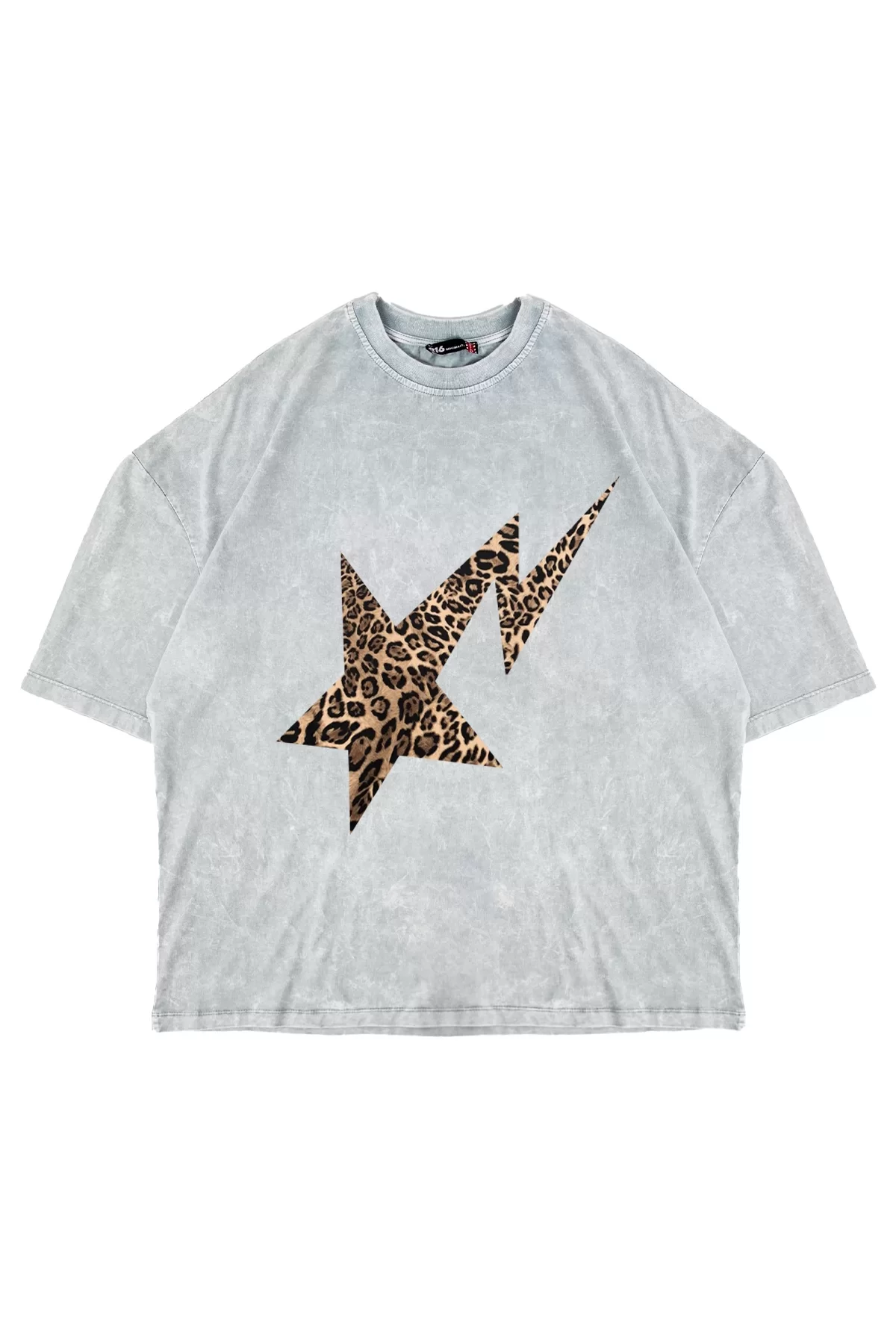 Leopar Falling Star Baskılı Oversize Unisex Premium Yıkamalı Beyaz Tshirt