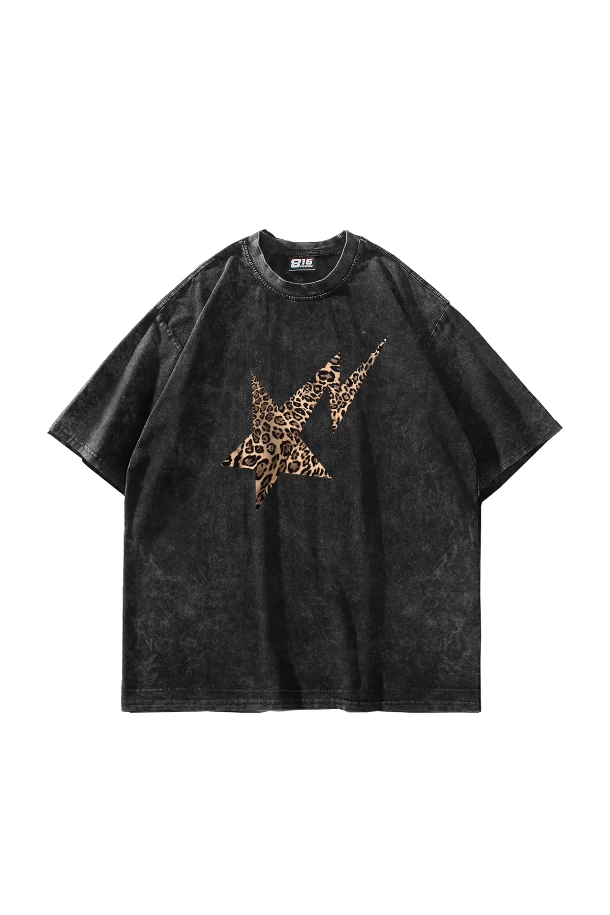 Leopar Falling Star Baskılı Oversize Unisex Premium Yıkamalı Siyah Tshirt