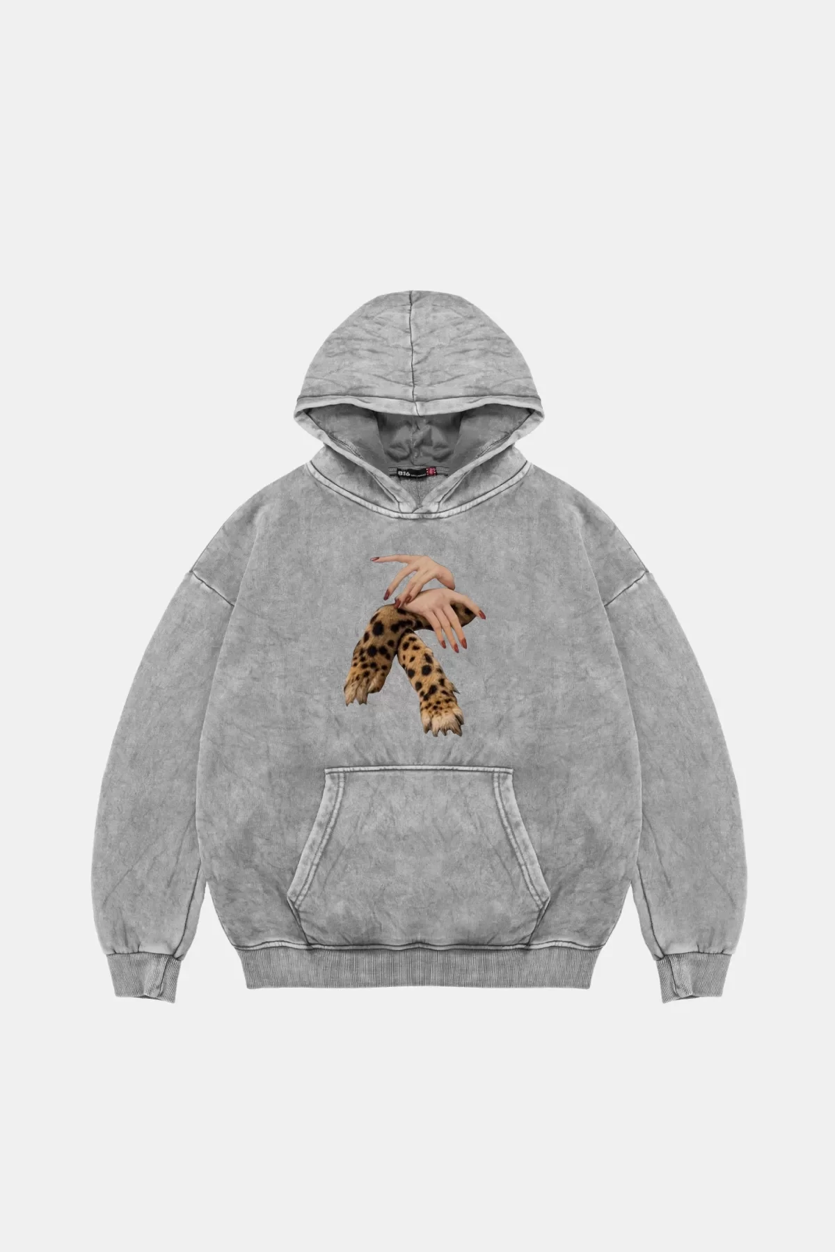 Leopar Hand Baskılı Oversize Unisex Premium Yıkamalı Beyaz Hoodie